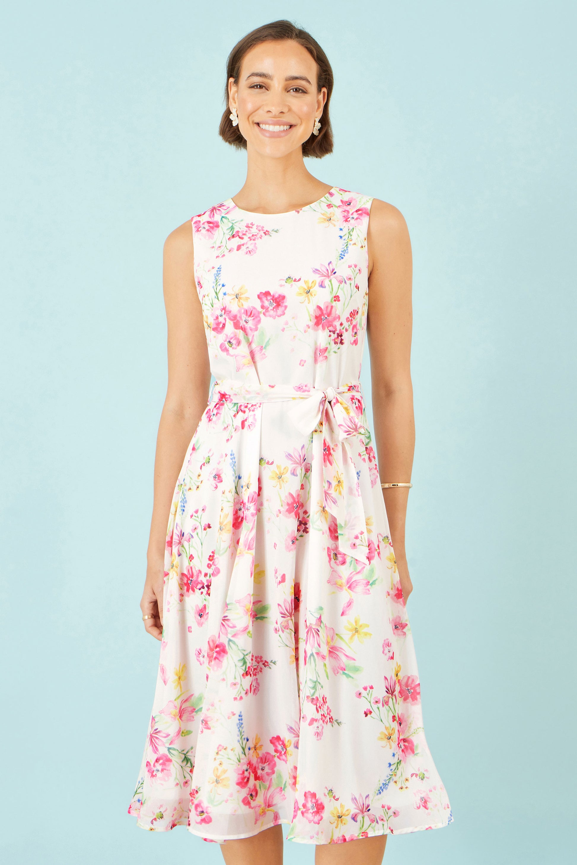 Yumi White Delicate Floral Midi Skater Dress Dress Casual Yumi