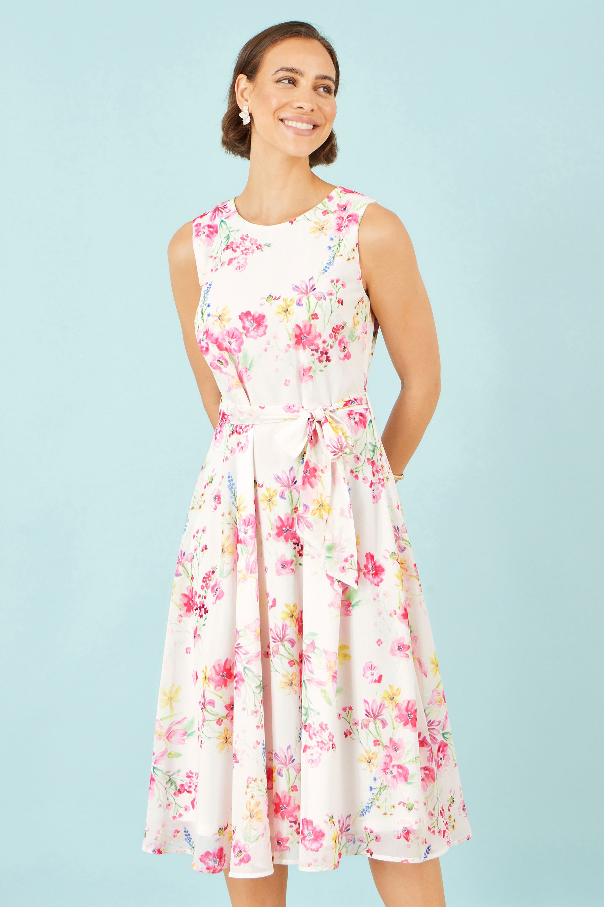 Yumi White Delicate Floral Midi Skater Dress Dress Casual Yumi
