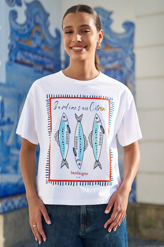 Yumi White Cotton Summer Motif T-Shirt Tops Yumi