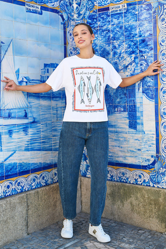 Yumi White Cotton Summer Motif T-Shirt Tops Yumi