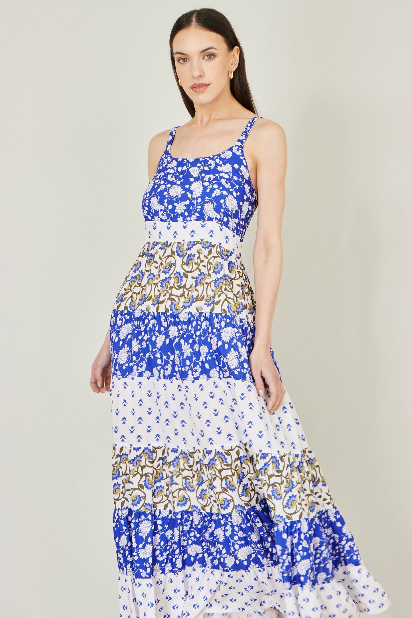 Yumi White And Blue Rayon Patchwork Print Tiered Maxi Dress Dress Casual Yumi