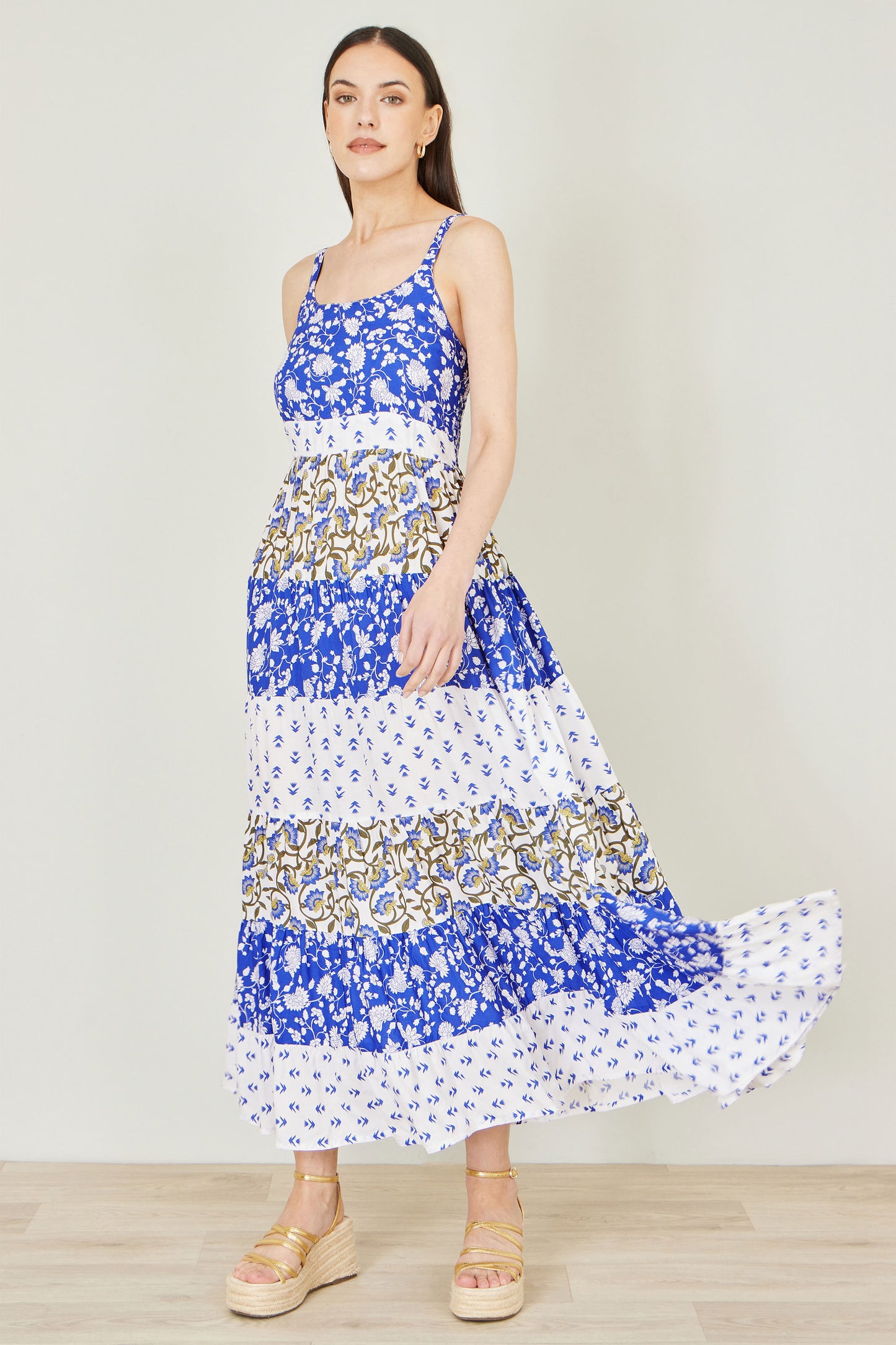 Yumi White And Blue Rayon Patchwork Print Tiered Maxi Dress Dress Casual Yumi