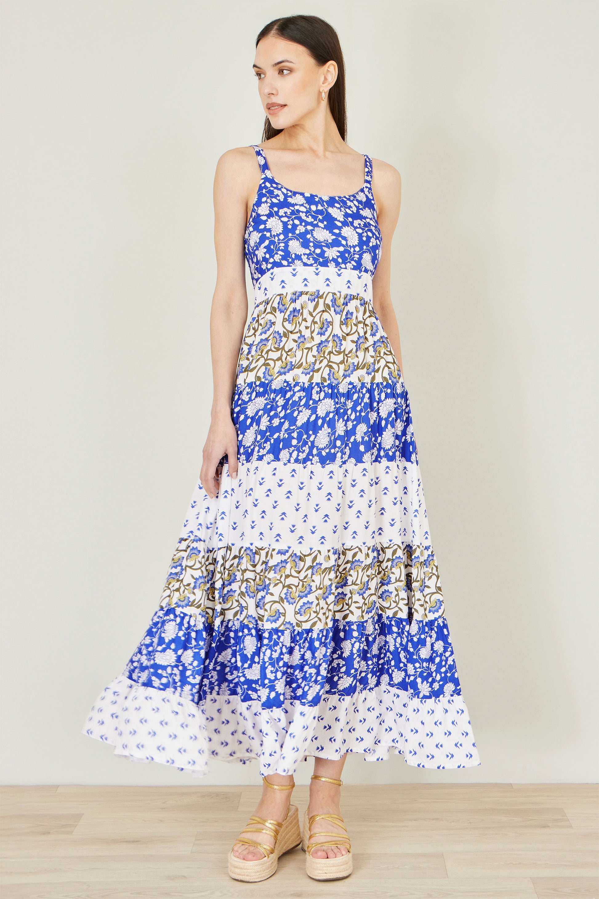 Yumi White And Blue Rayon Patchwork Print Tiered Maxi Dress Dress Casual Yumi