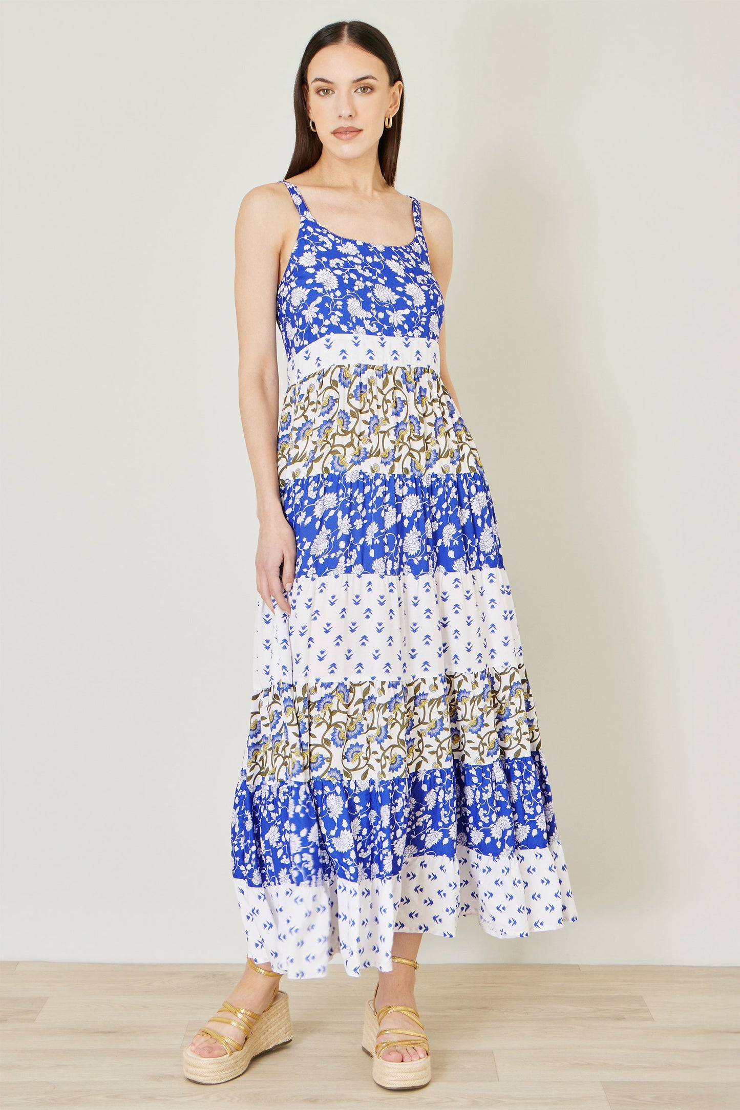 Yumi White And Blue Rayon Patchwork Print Tiered Maxi Dress Dress Casual Yumi