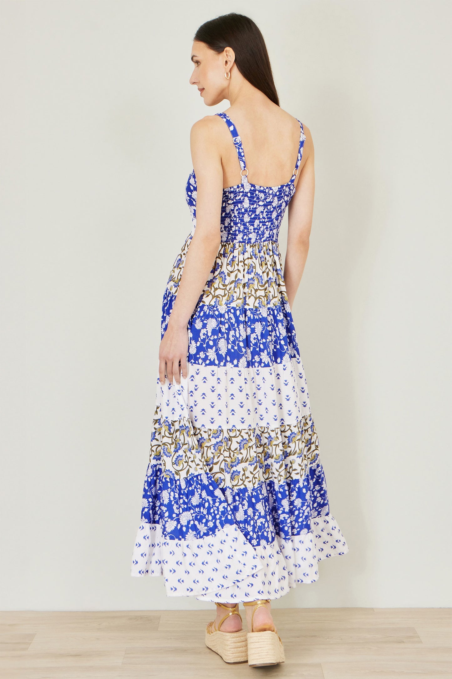 Yumi White And Blue Rayon Patchwork Print Tiered Maxi Dress Dress Casual Yumi