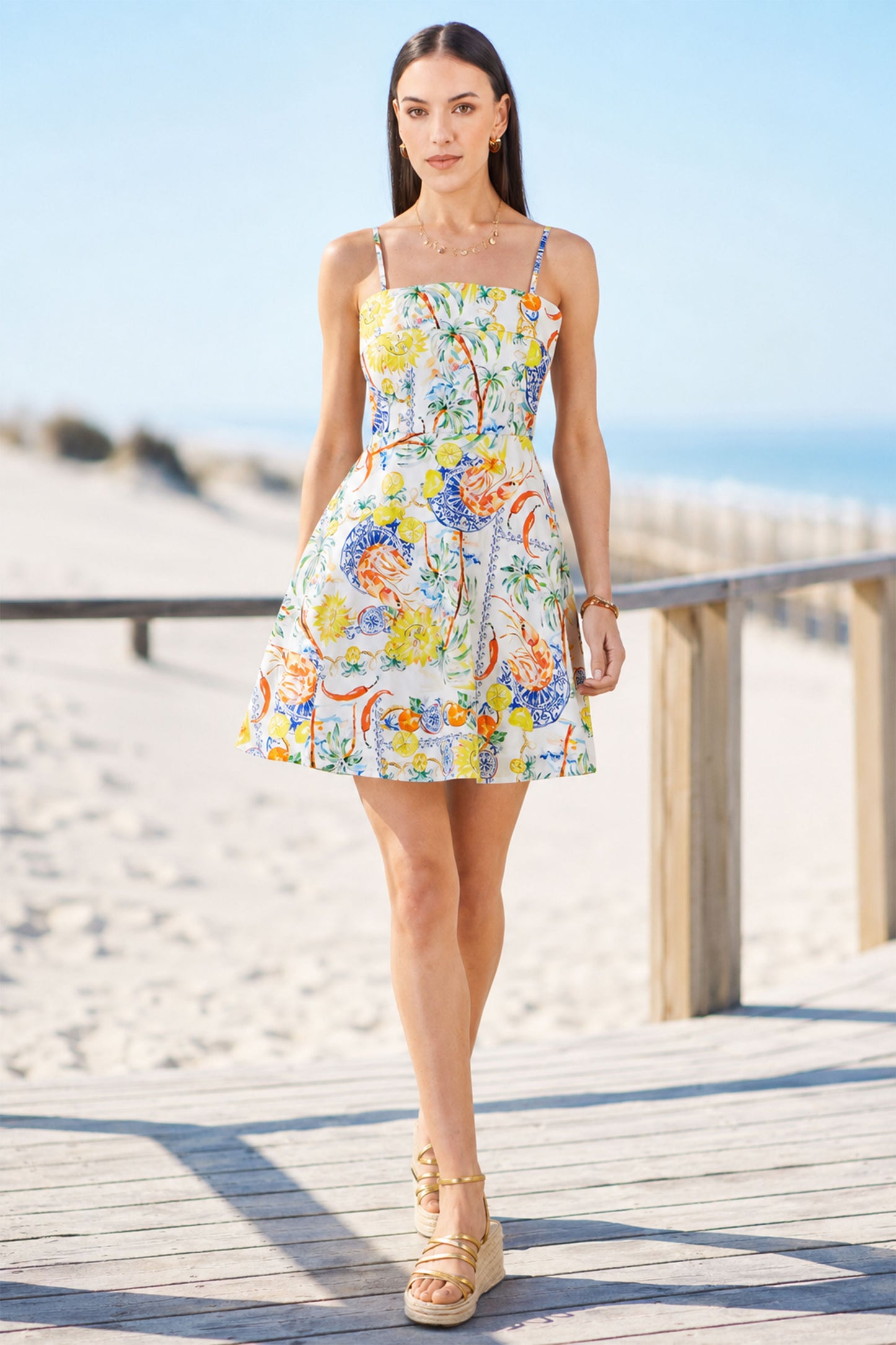Yumi White Mediterranean Print Cotton Mini Sun Dress Dress Casual Yumi