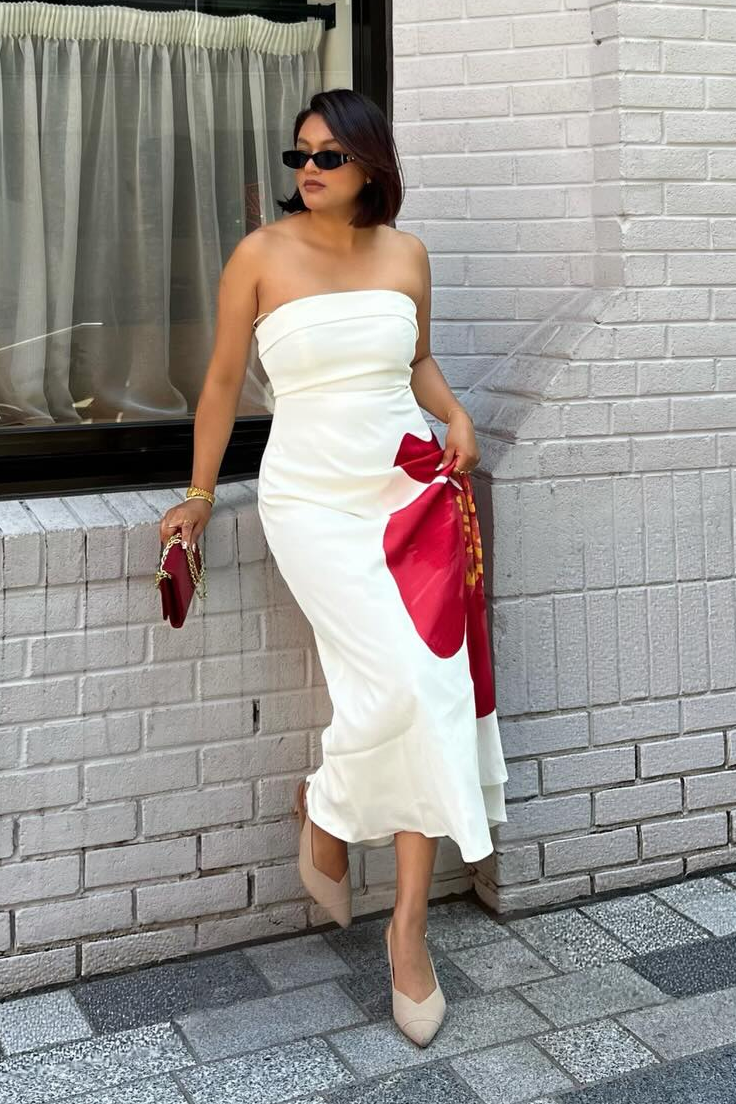 Yumi White Oversize Poppy Placement Midi Sun Dress Dress Occasion Yumi