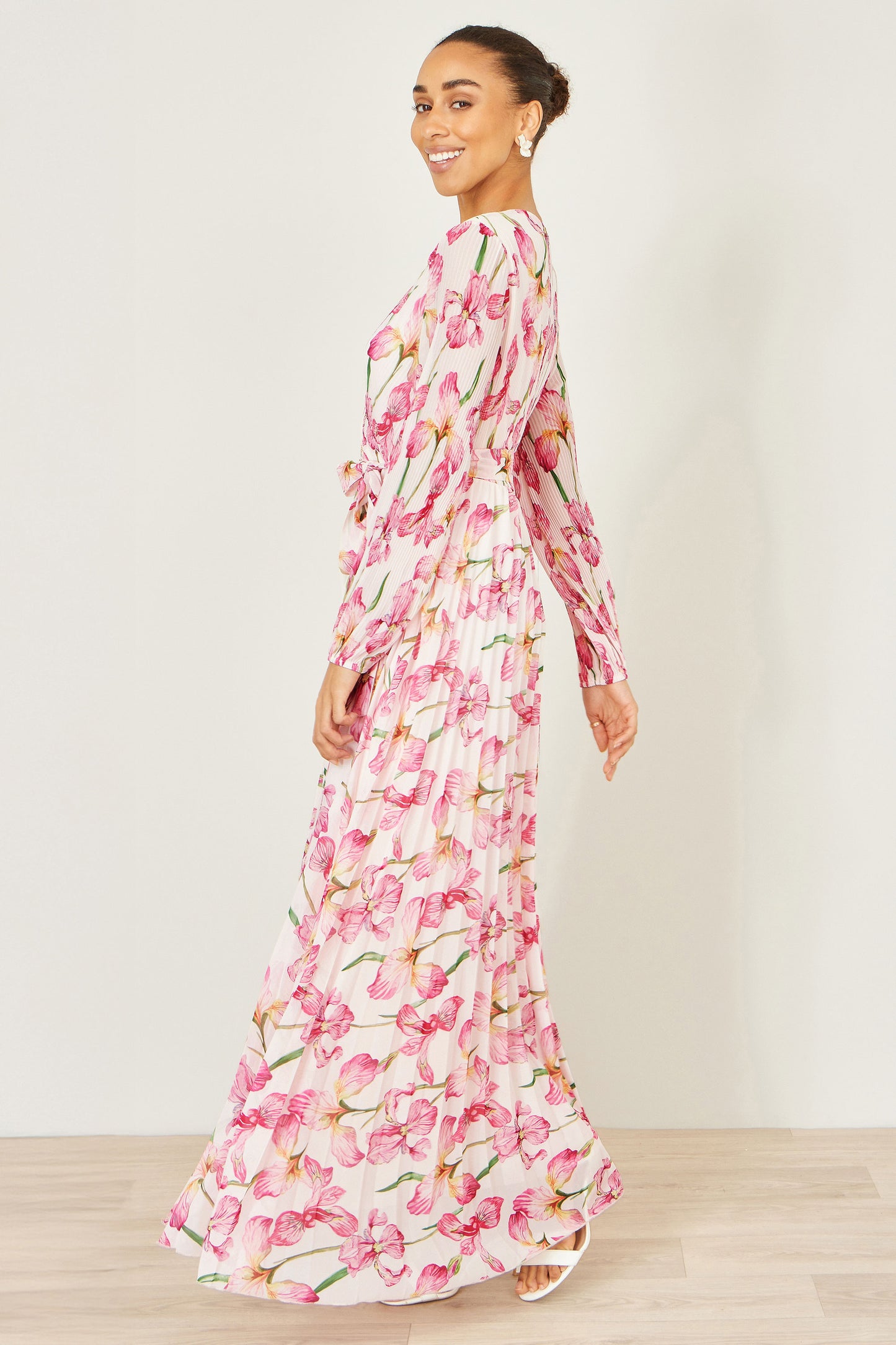 Yumi White Orchid Floral Pleated Wrap Maxi Dress Dress Occasion Yumi