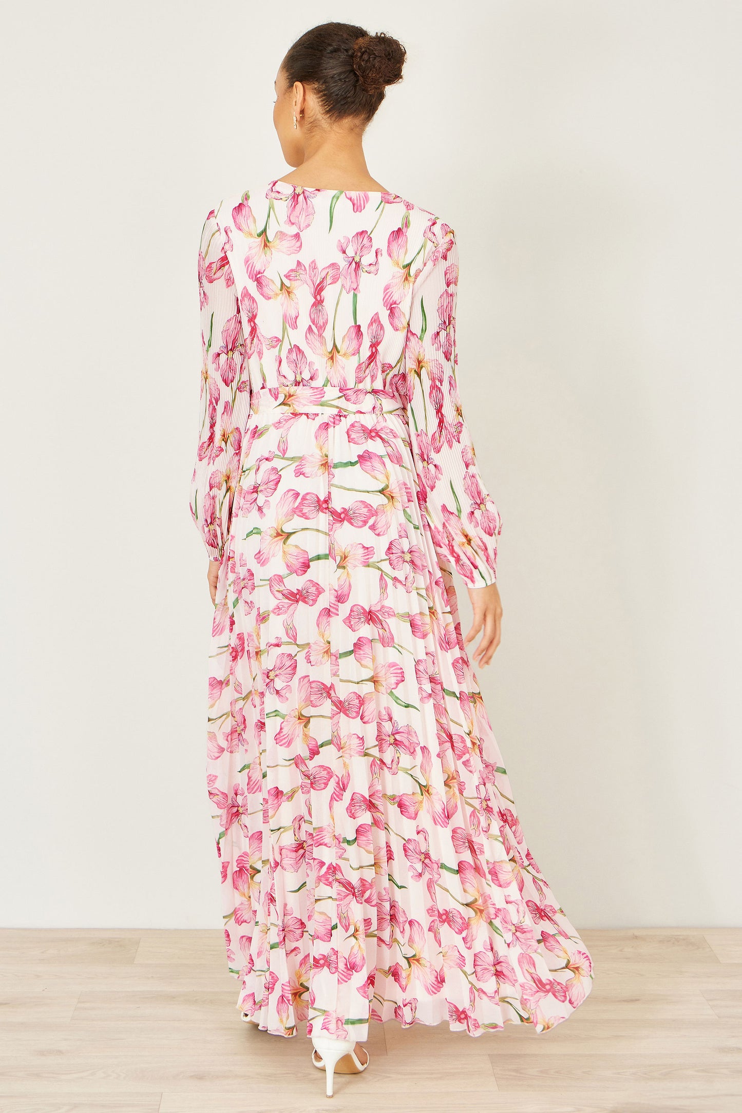 Yumi White Orchid Floral Pleated Wrap Maxi Dress Dress Occasion Yumi
