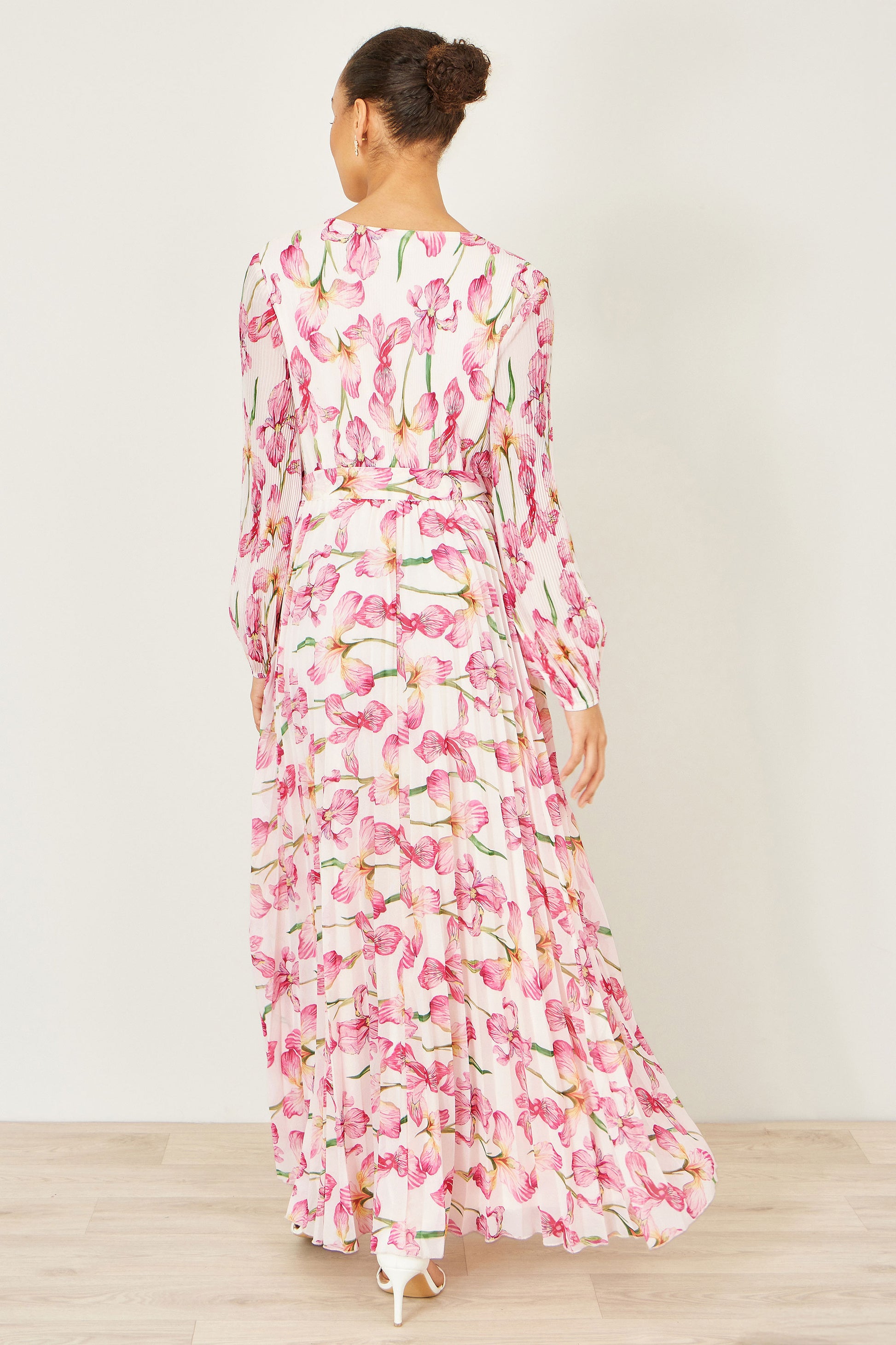 Yumi White Orchid Floral Pleated Wrap Maxi Dress Dress Occasion Yumi