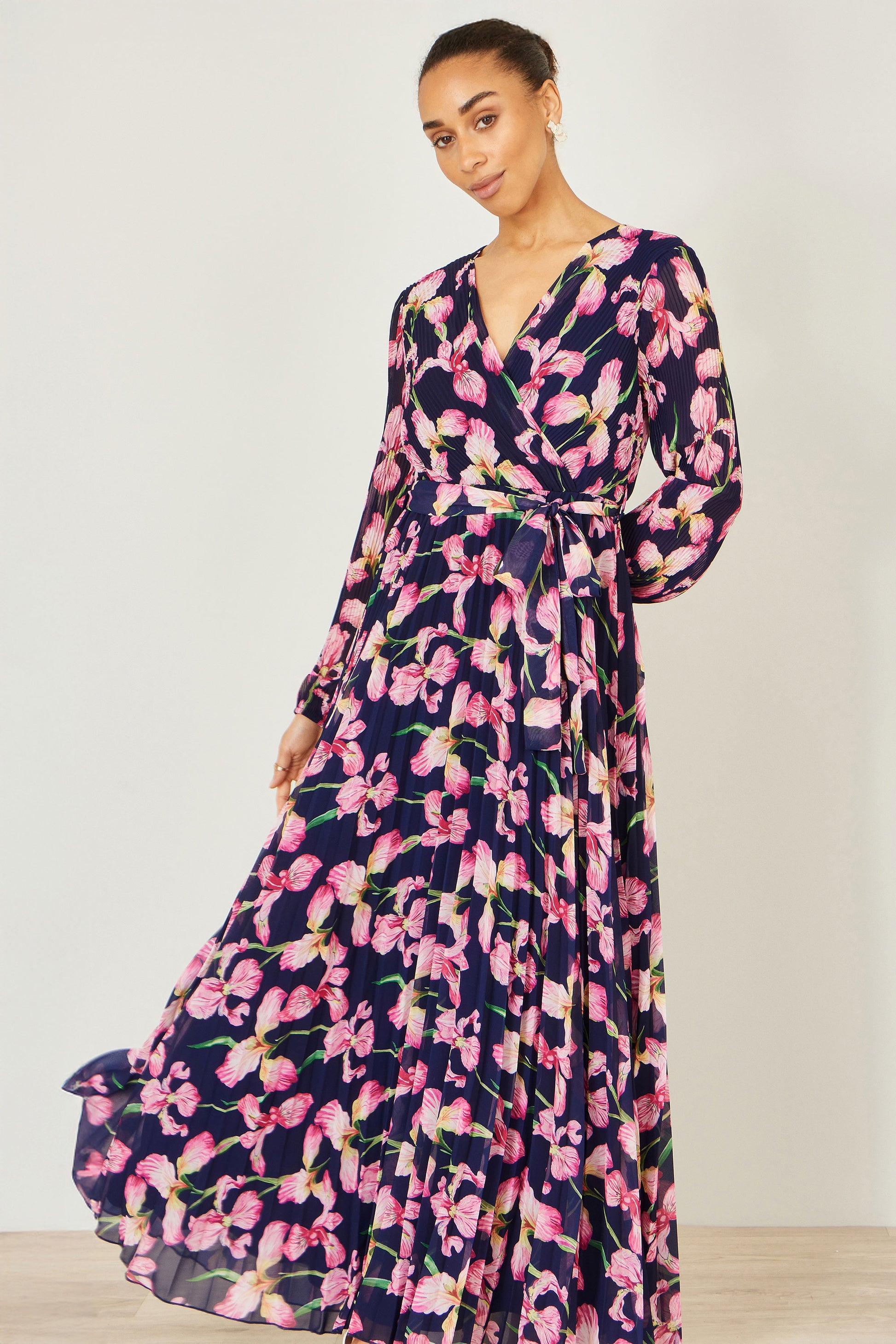 Yumi Navy Orchid Floral Pleated Wrap Maxi Dress Dress Occasion Yumi