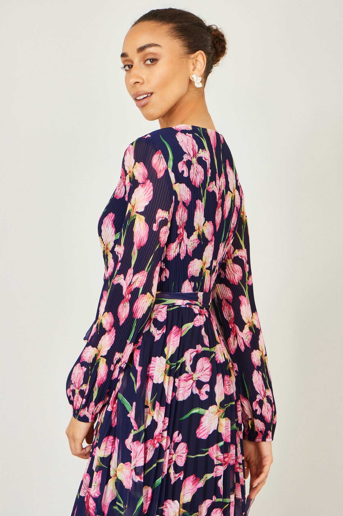 Yumi Navy Orchid Floral Pleated Wrap Maxi Dress Dress Occasion Yumi