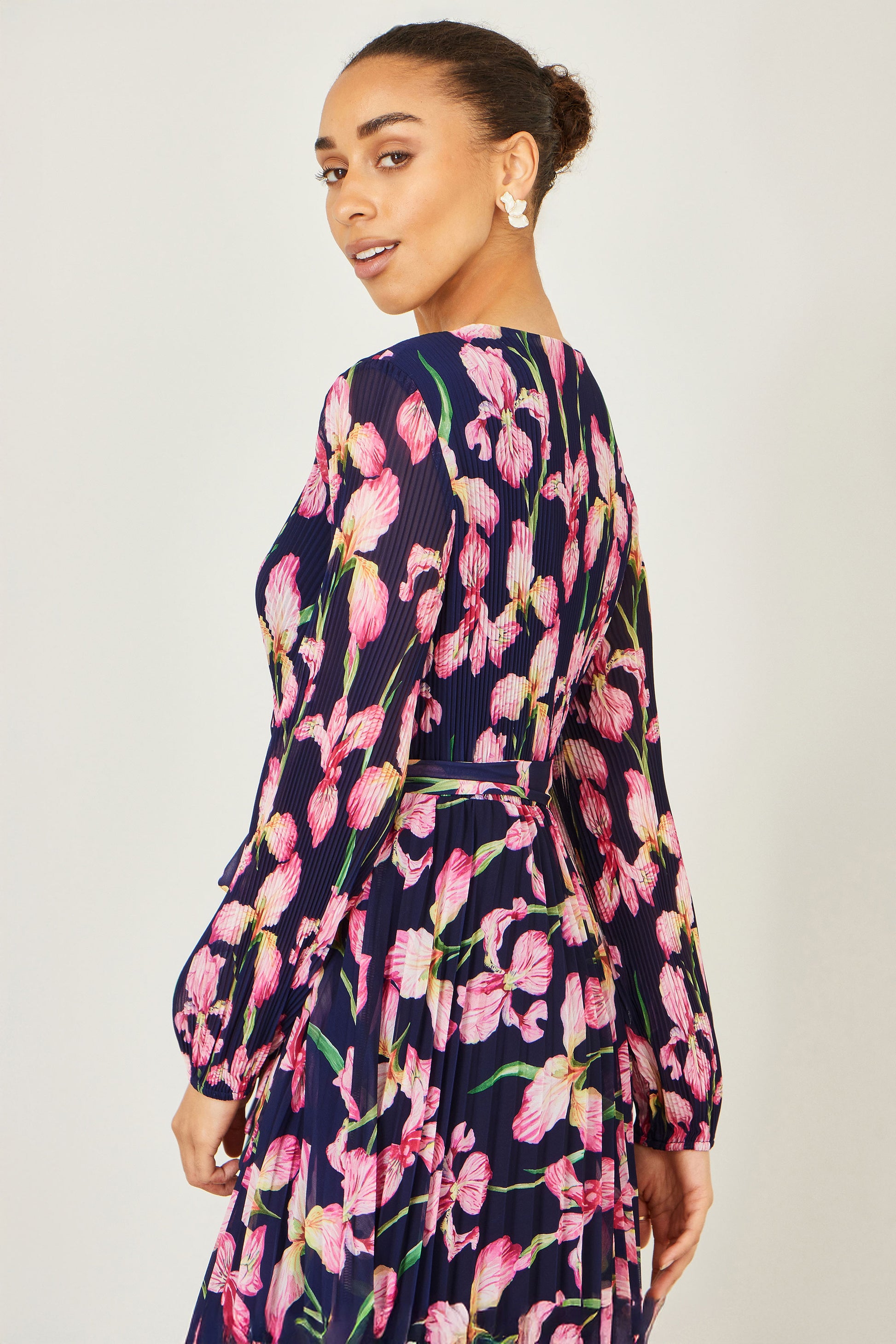 Yumi Navy Orchid Floral Pleated Wrap Maxi Dress Dress Occasion Yumi