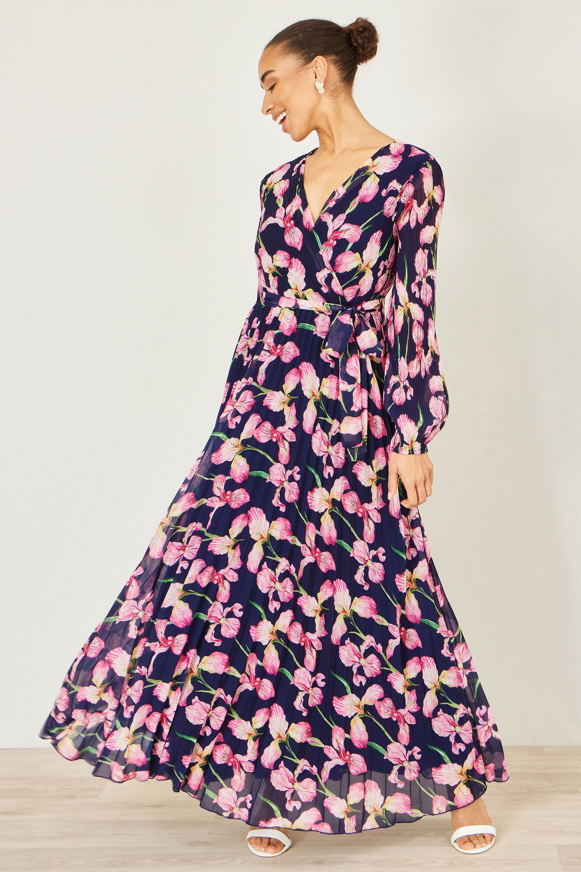 Yumi Navy Orchid Floral Pleated Wrap Maxi Dress Dress Occasion Yumi