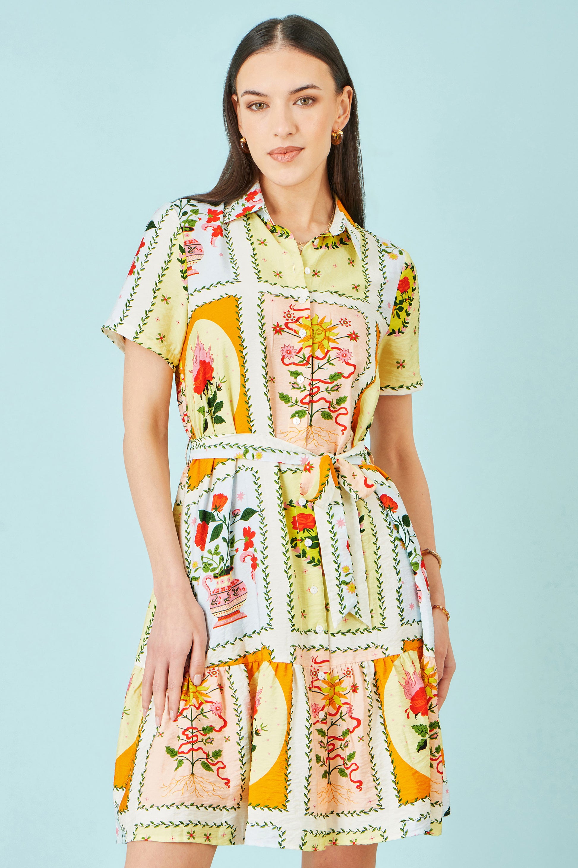 Yumi Multicolour Sun Patchwork Print Shirt Dress Dress Casual Yumi