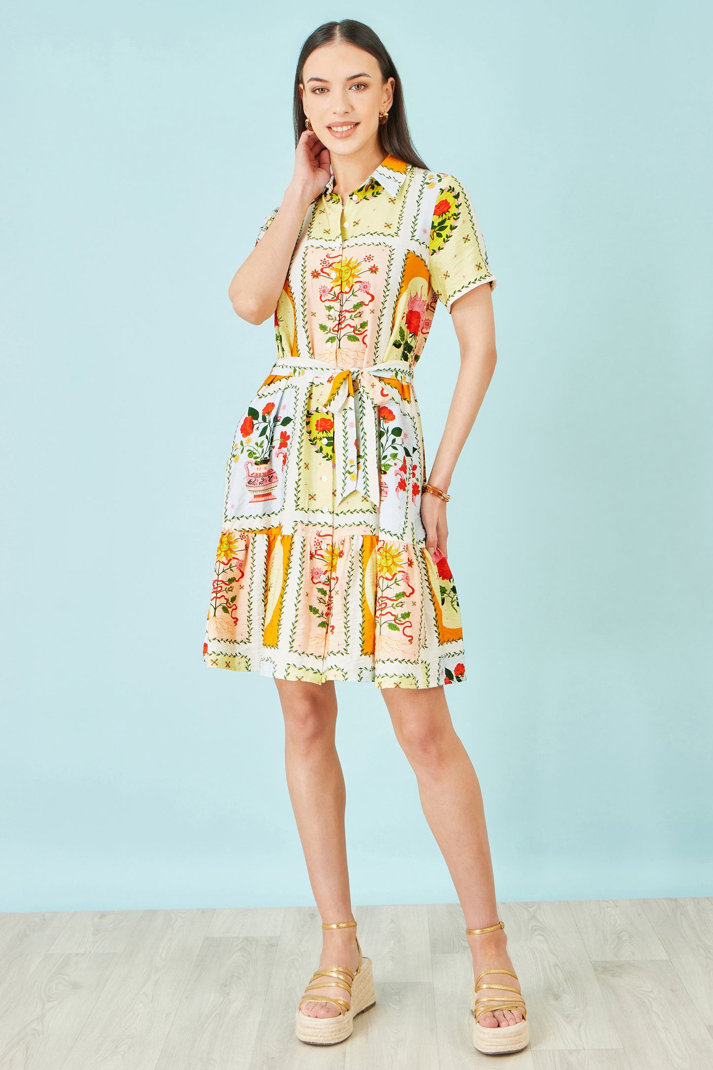 Yumi Multicolour Sun Patchwork Print Shirt Dress Dress Casual Yumi