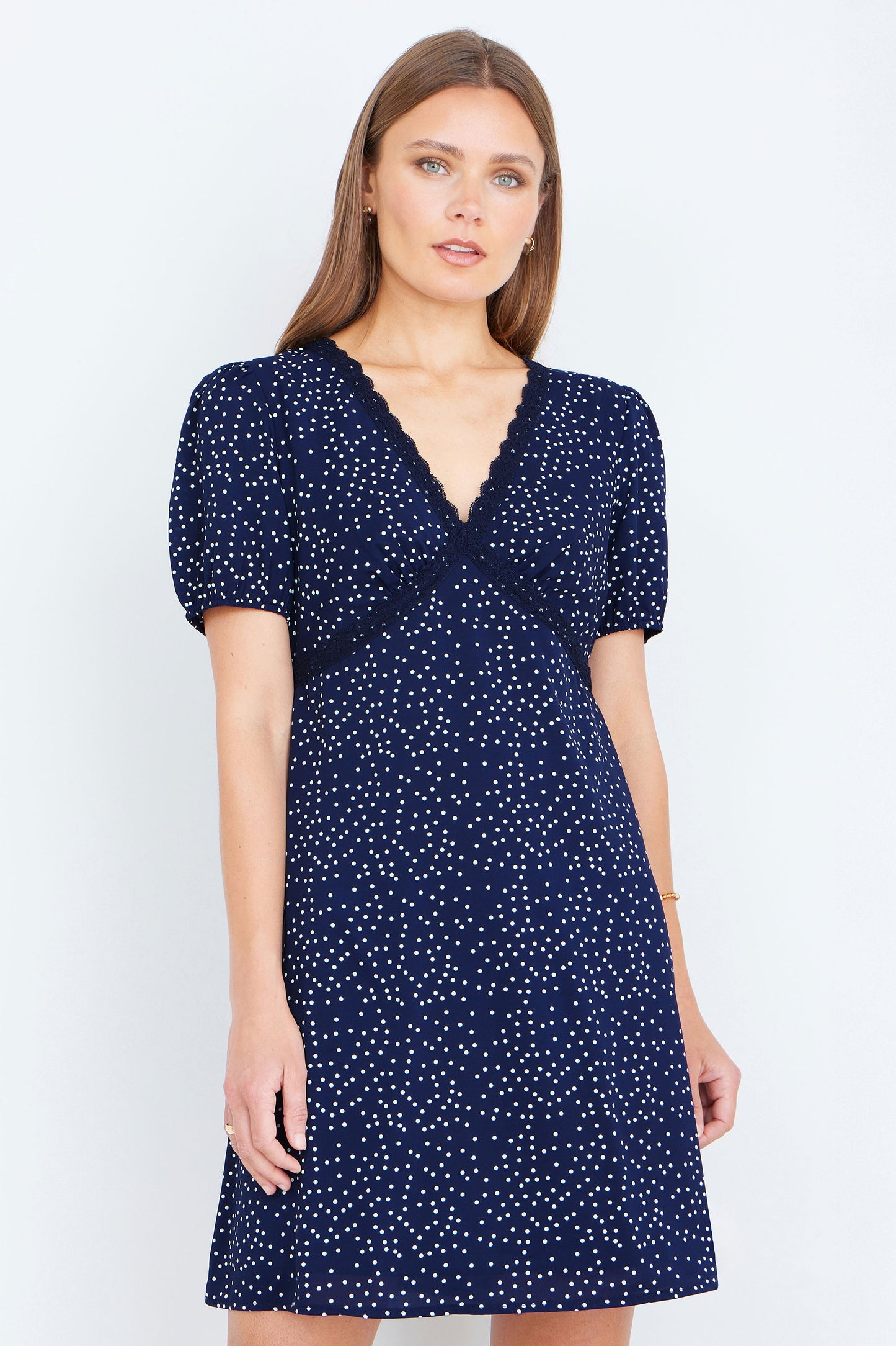 Yumi Navy Spot Print Lace Trim Skater Dress Dress Casual Yumi