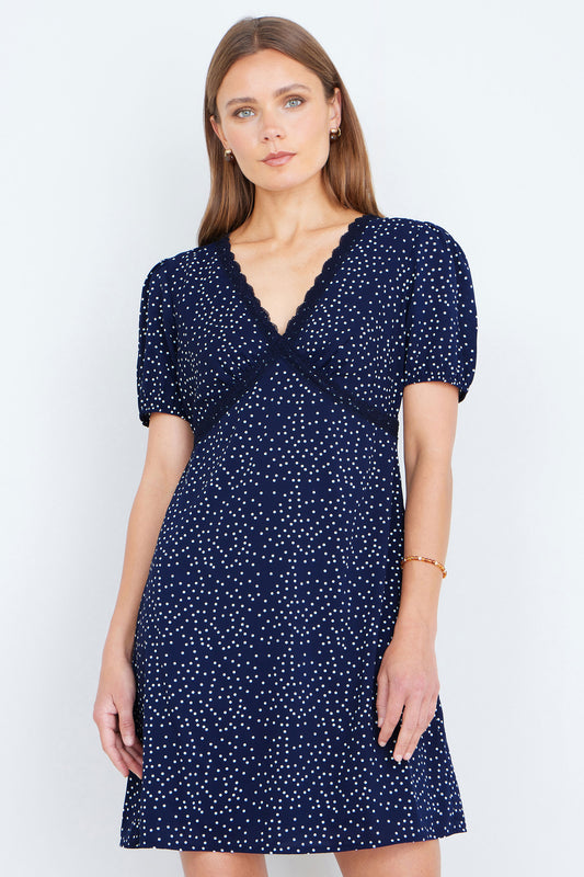 Yumi Navy Spot Print Lace Trim Skater Dress Dress Casual Yumi