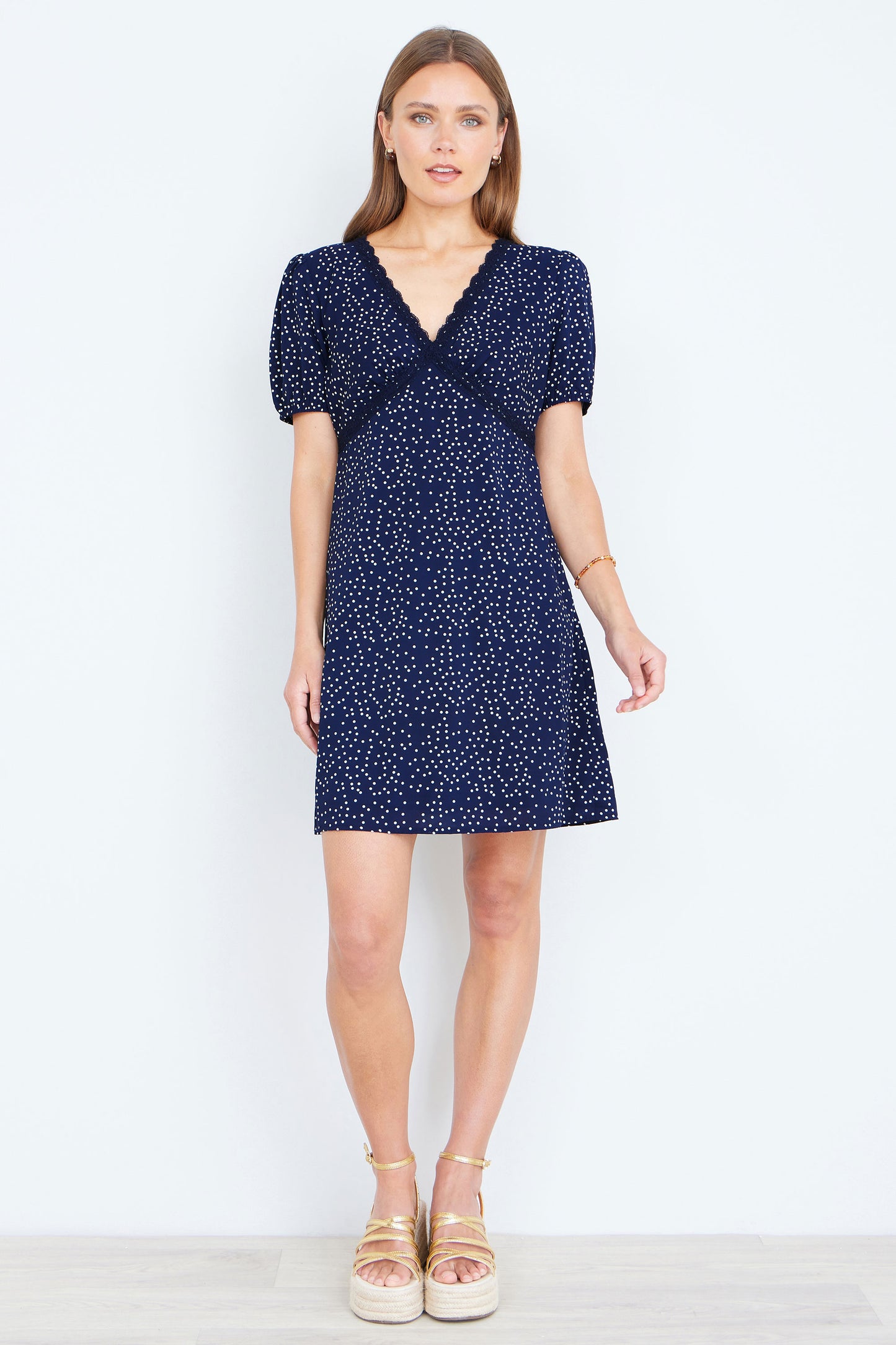 Yumi Navy Spot Print Lace Trim Skater Dress Dress Casual Yumi