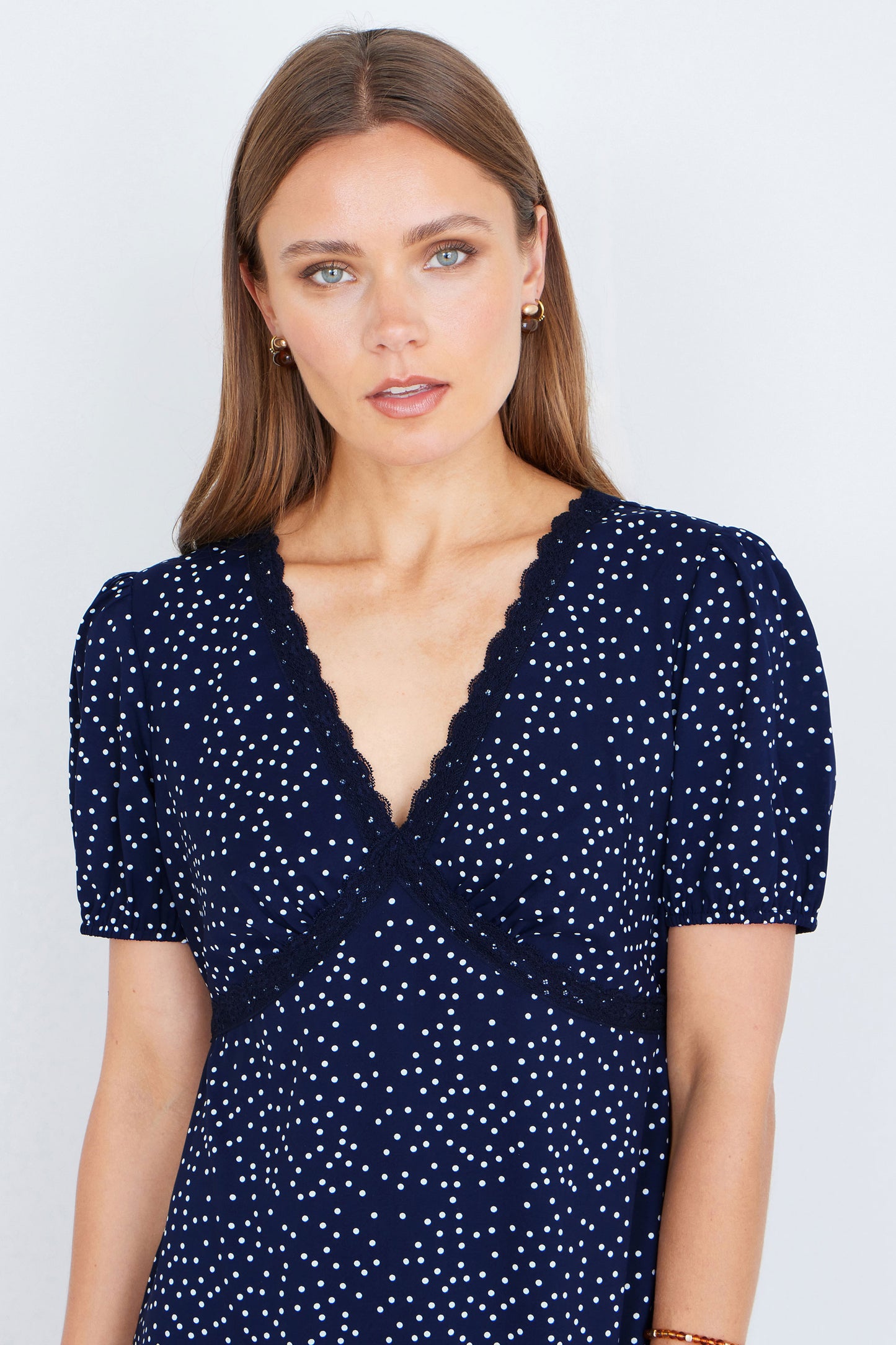 Yumi Navy Spot Print Lace Trim Skater Dress Dress Casual Yumi