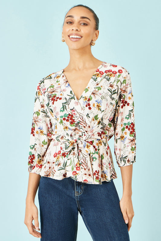 Yumi Ivory Viscose Botanical Print Wrap Top Tops Yumi