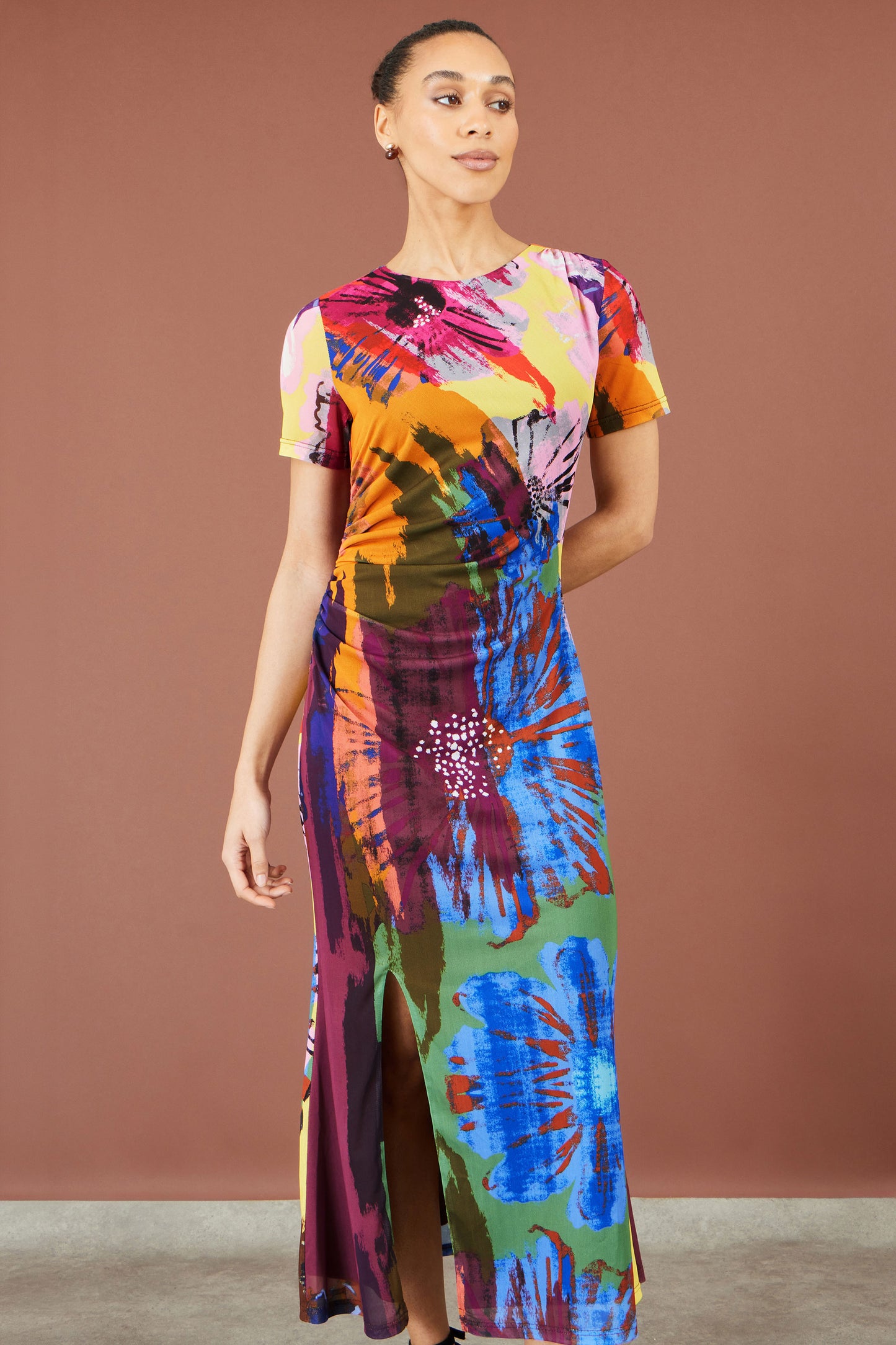 Yumi Multicolour Abstract Floral Mesh Midi Dress Dress Casual Yumi