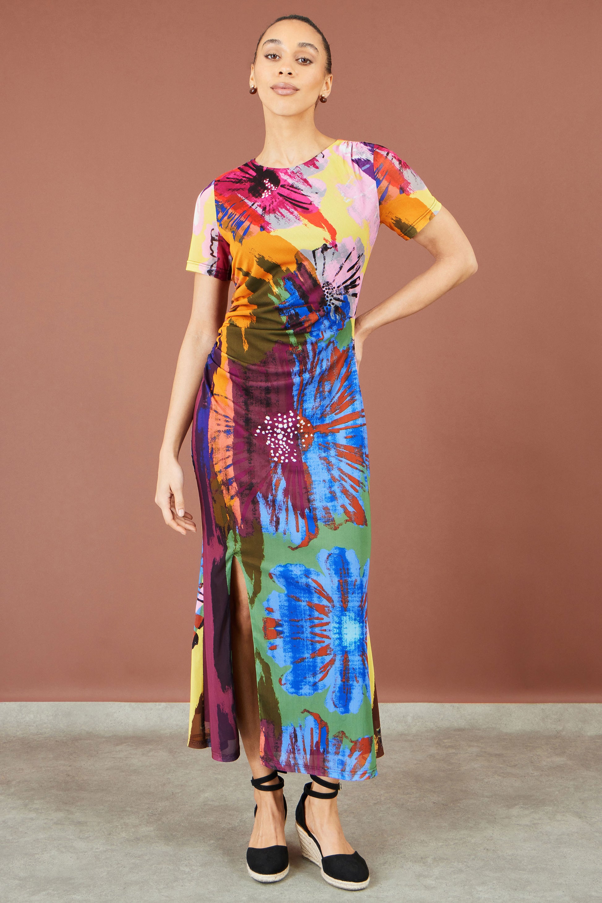 Yumi Multicolour Abstract Floral Mesh Midi Dress Dress Casual Yumi