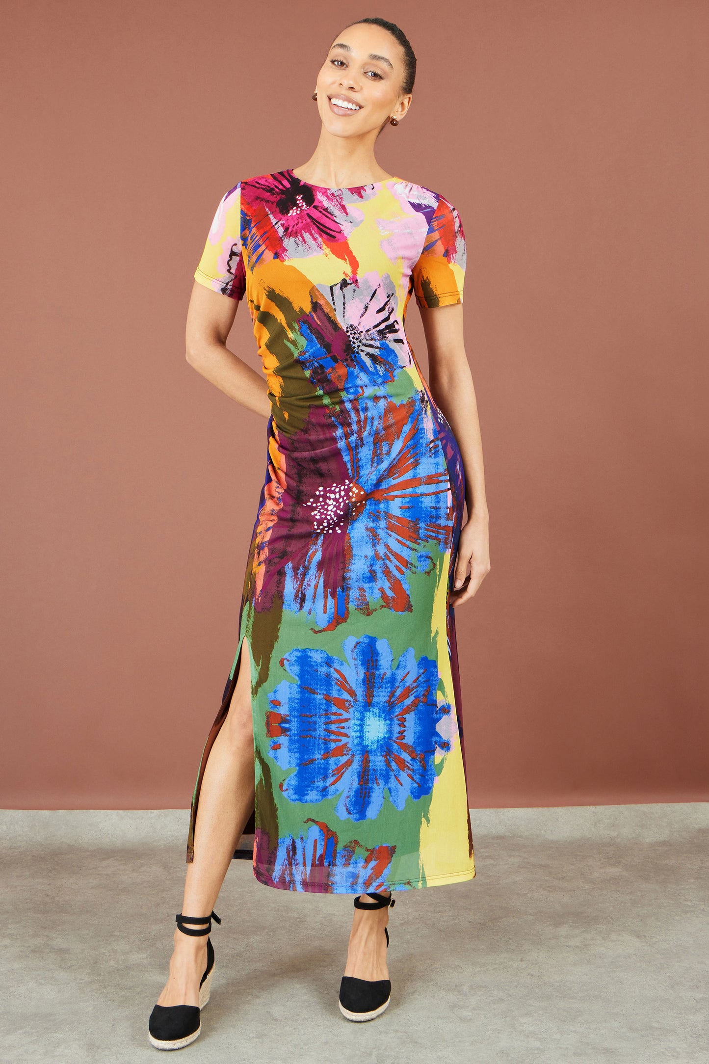 Yumi Multicolour Abstract Floral Mesh Midi Dress Dress Casual Yumi
