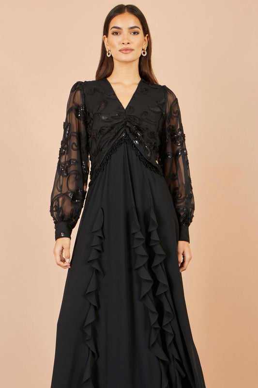 Yumi Black Sequin Bodice Maxi Dress With Ruffles Dress Party Yumi