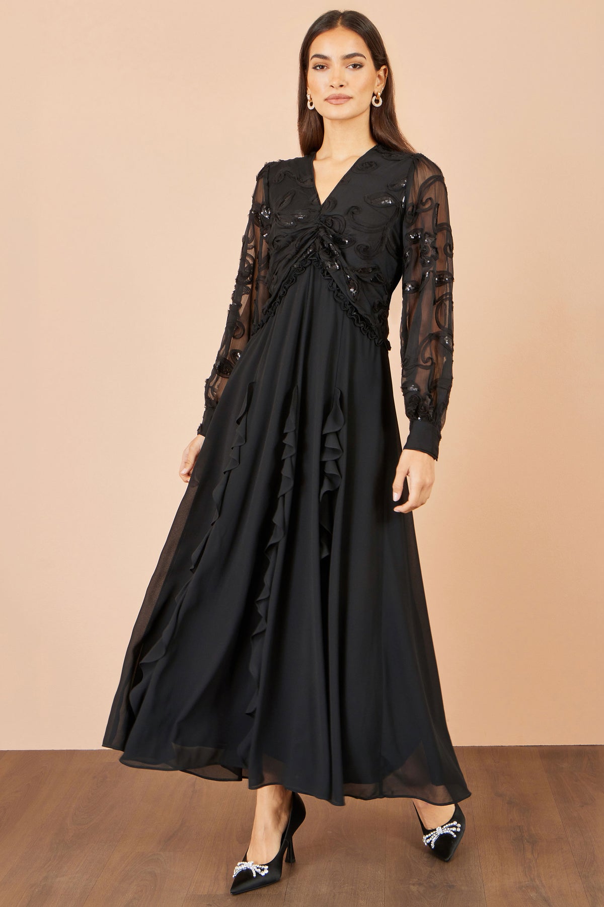 Yumi Black Sequin Bodice Maxi Dress With Ruffles Dress Party Yumi