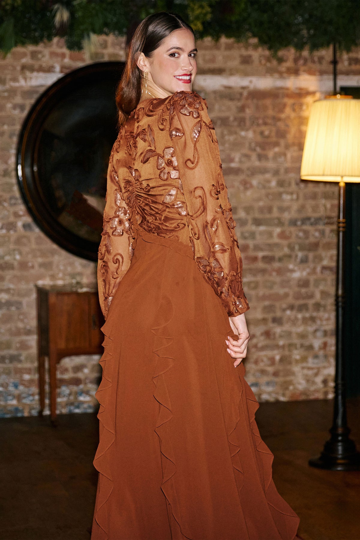 Yumi Brown Sequin Bodice Maxi Dress With Ruffles Dress Party Yumi
