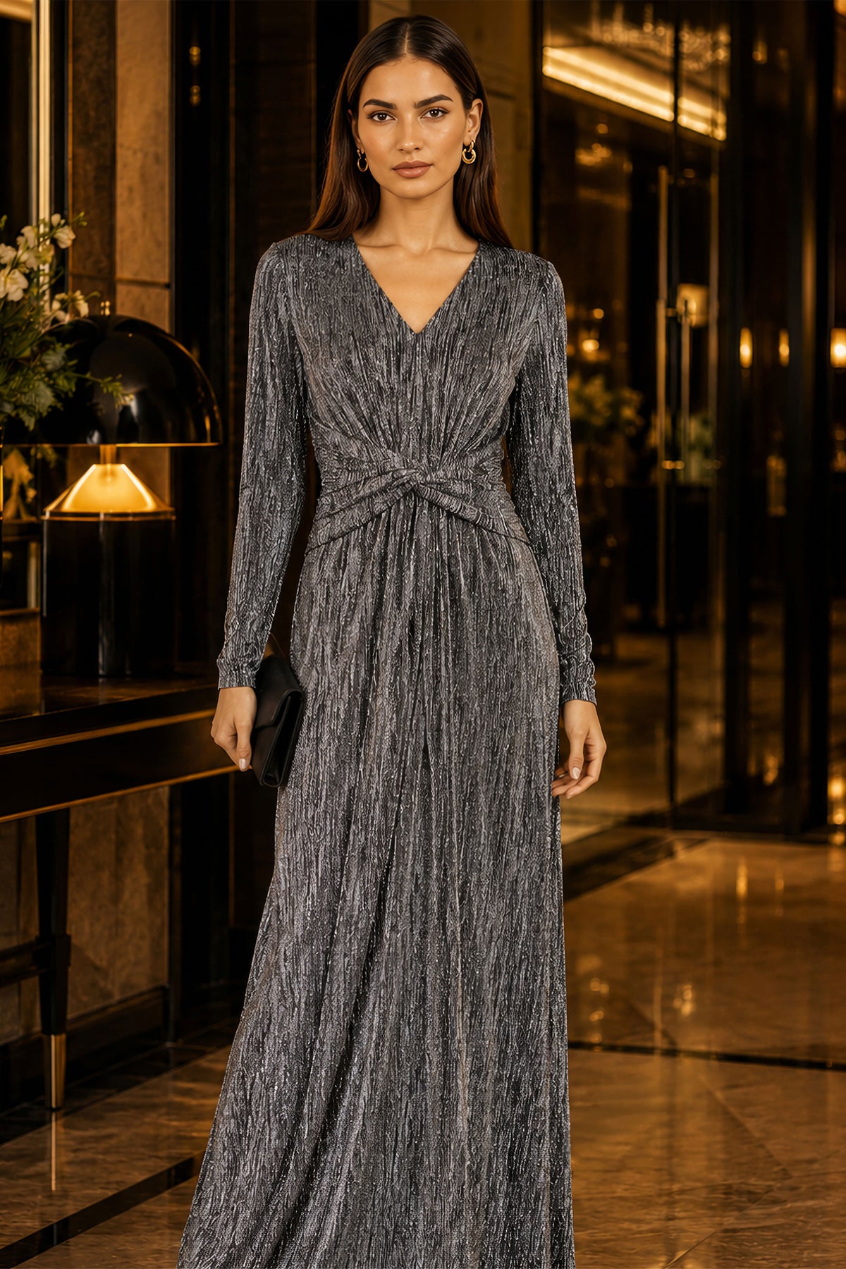 Yumi Black Metallic Twist Waist Maxi Dress