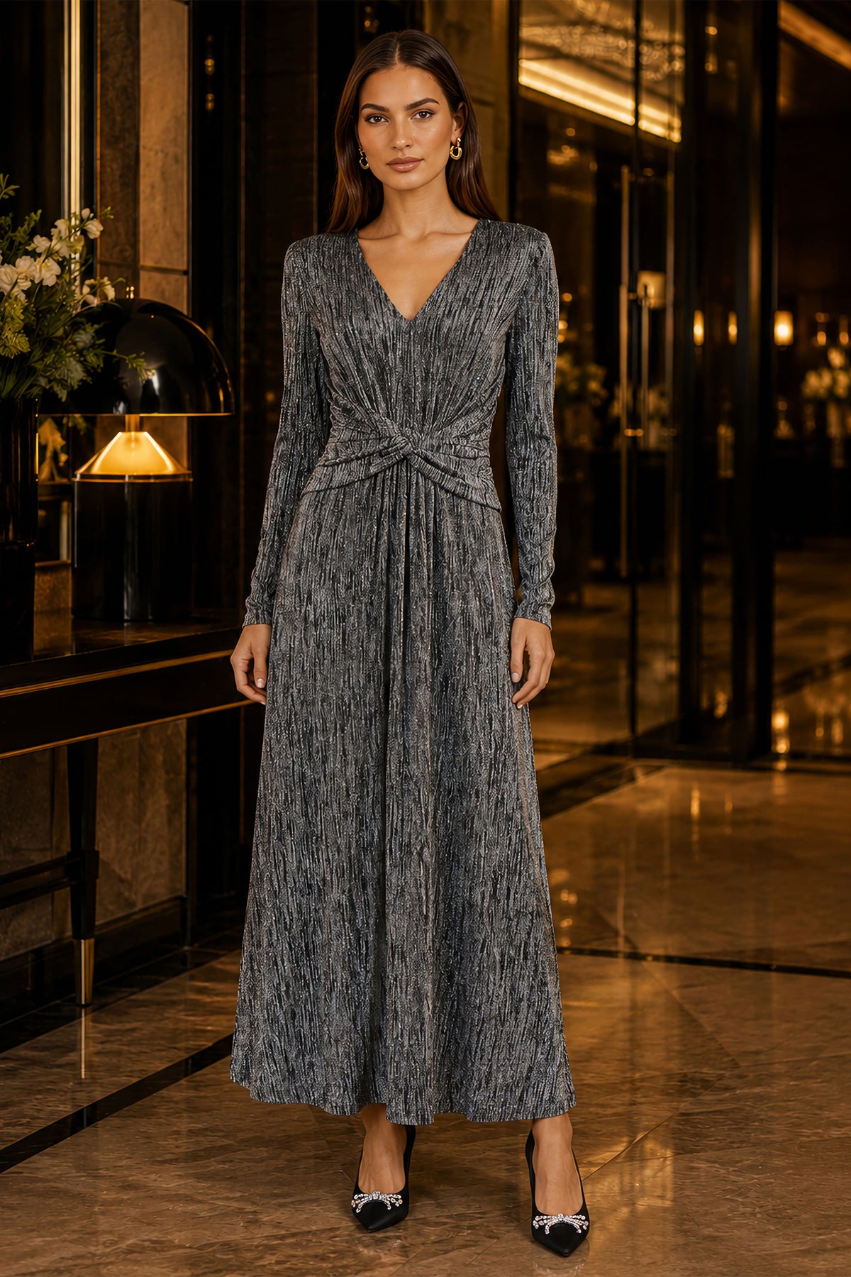 Yumi Black Metallic Twist Waist Maxi Dress