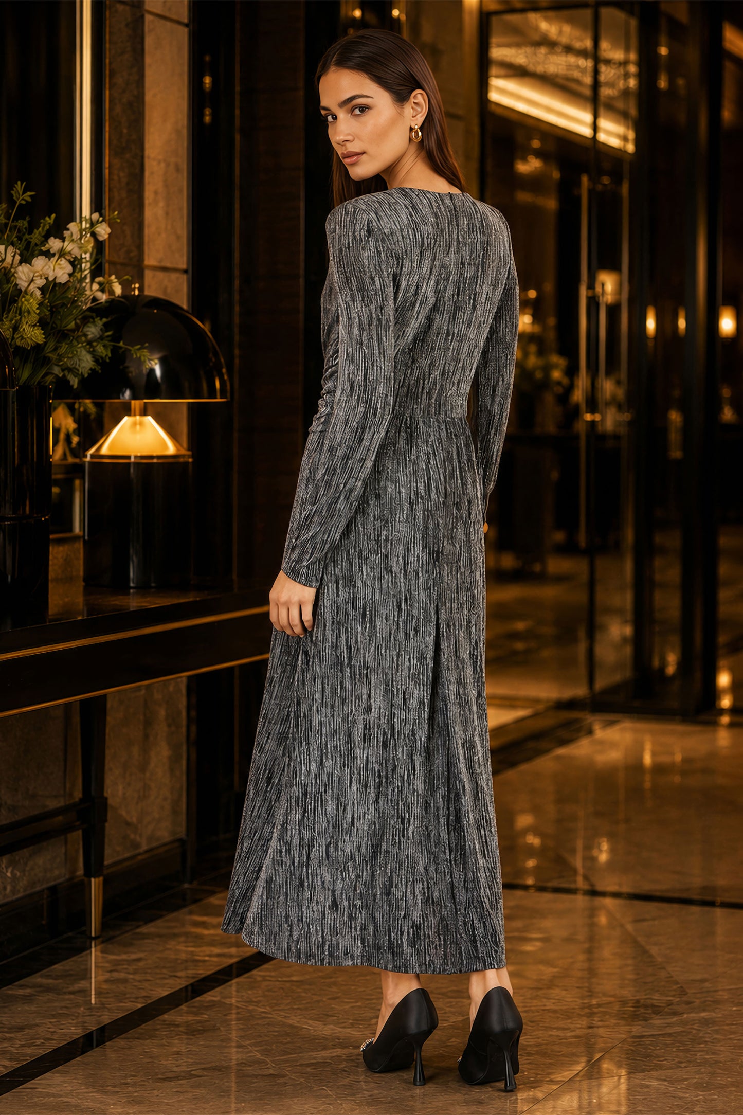 Yumi Black Metallic Twist Waist Maxi Dress