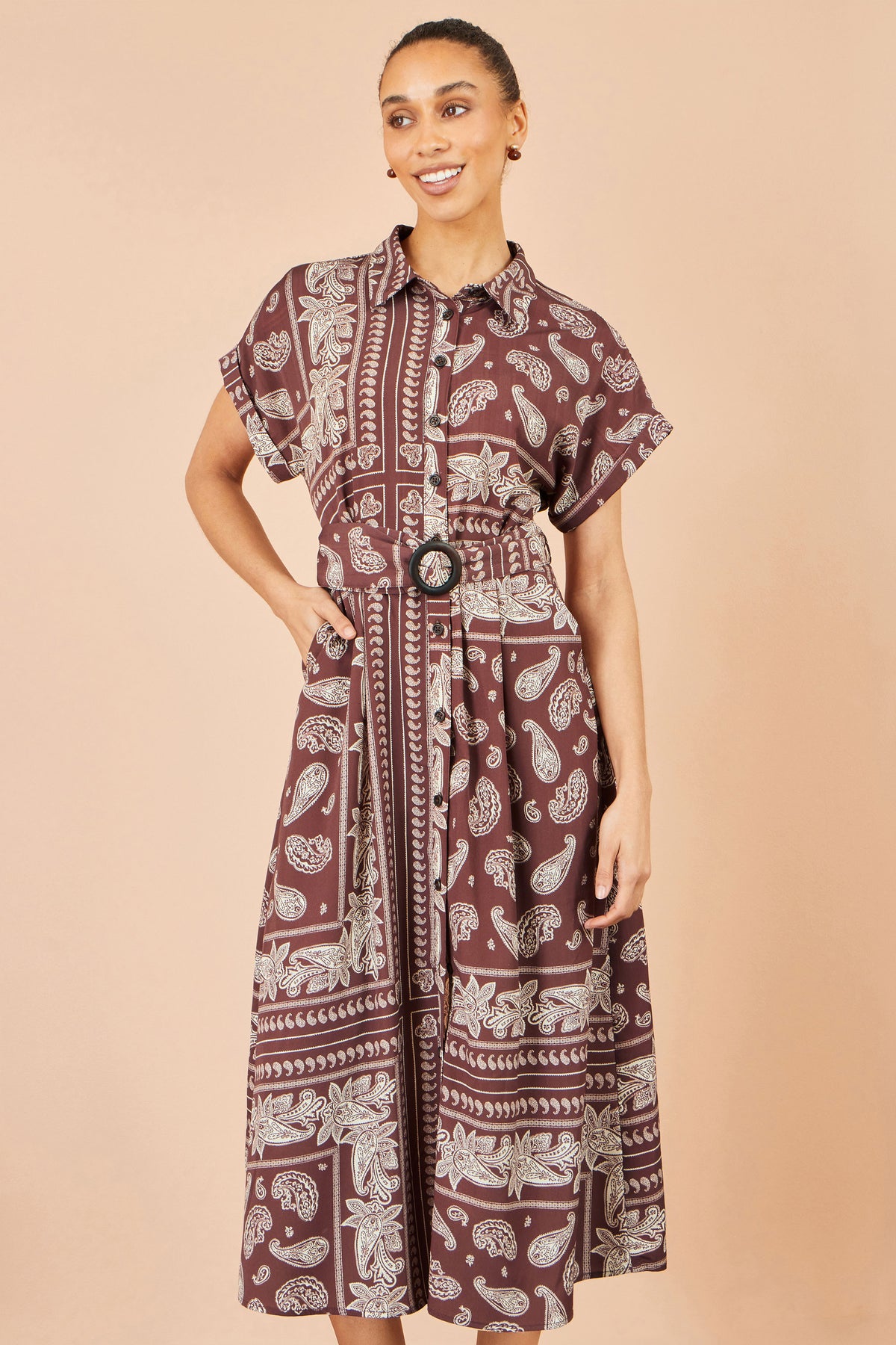 Yumi Brown Scarf Print Midi Shirt Dress Dress Casual Yumi