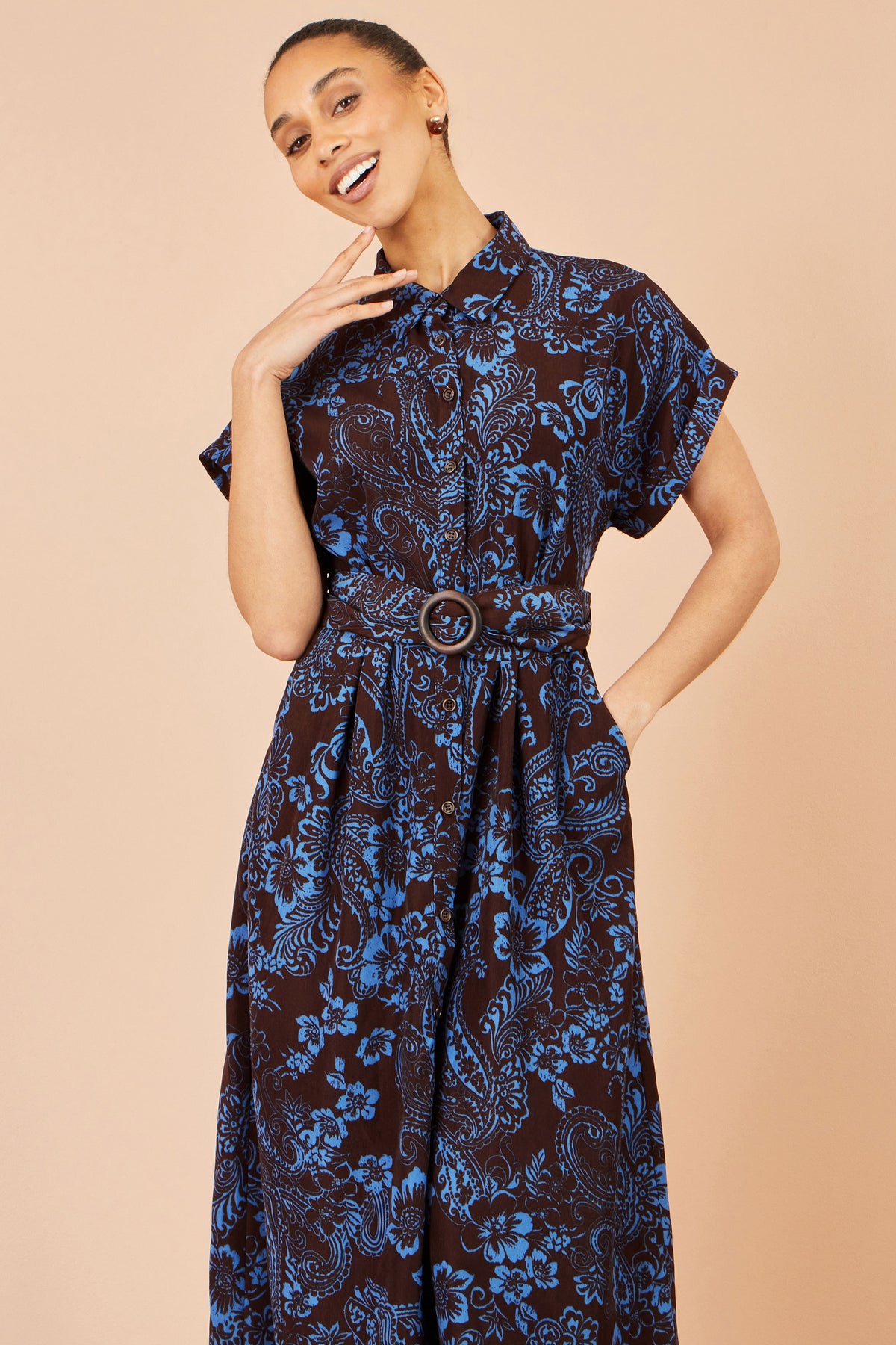 Yumi Brown Paisley Midi Shirt Dress Dress Casual Yumi