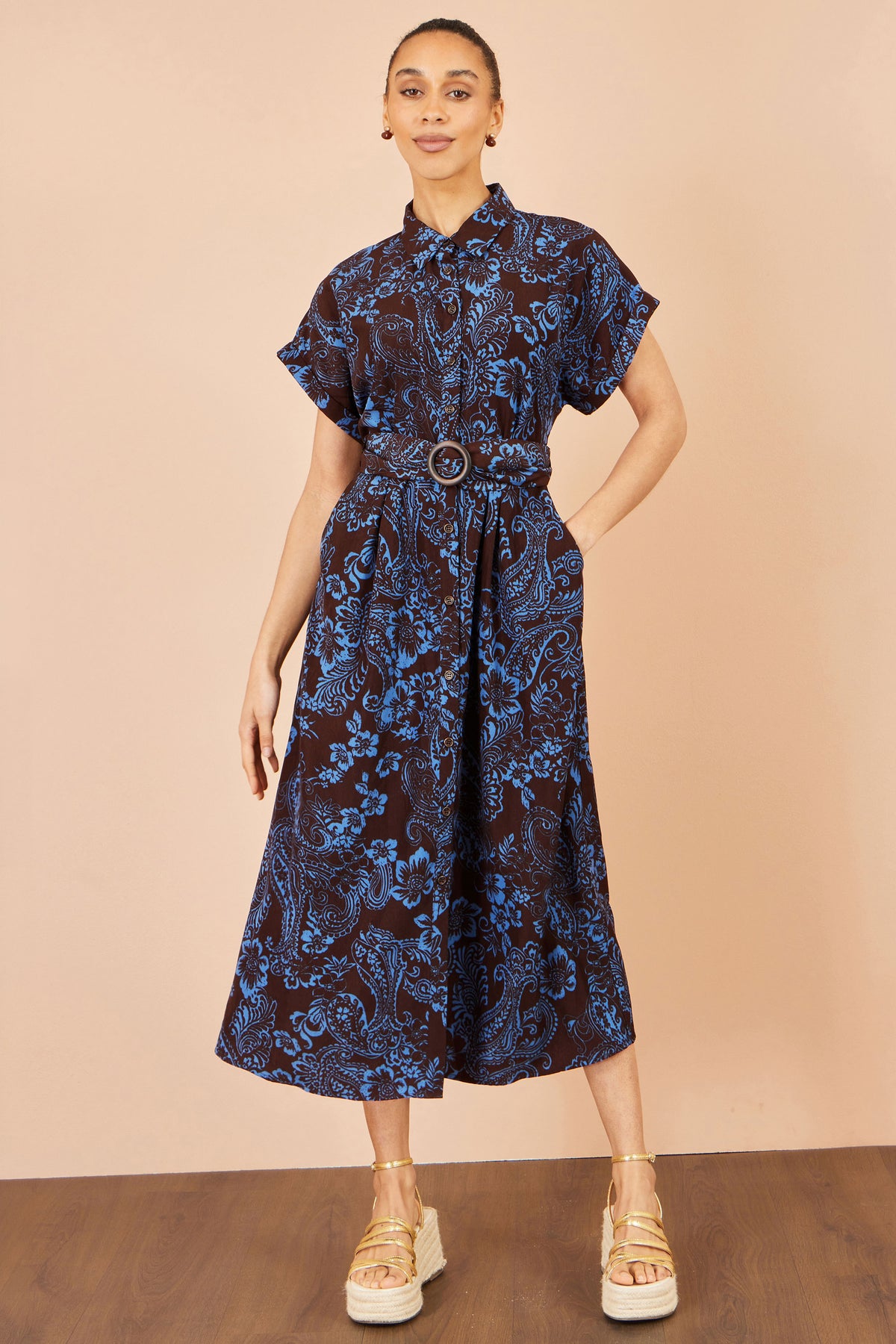 Yumi Brown Paisley Midi Shirt Dress Dress Casual Yumi