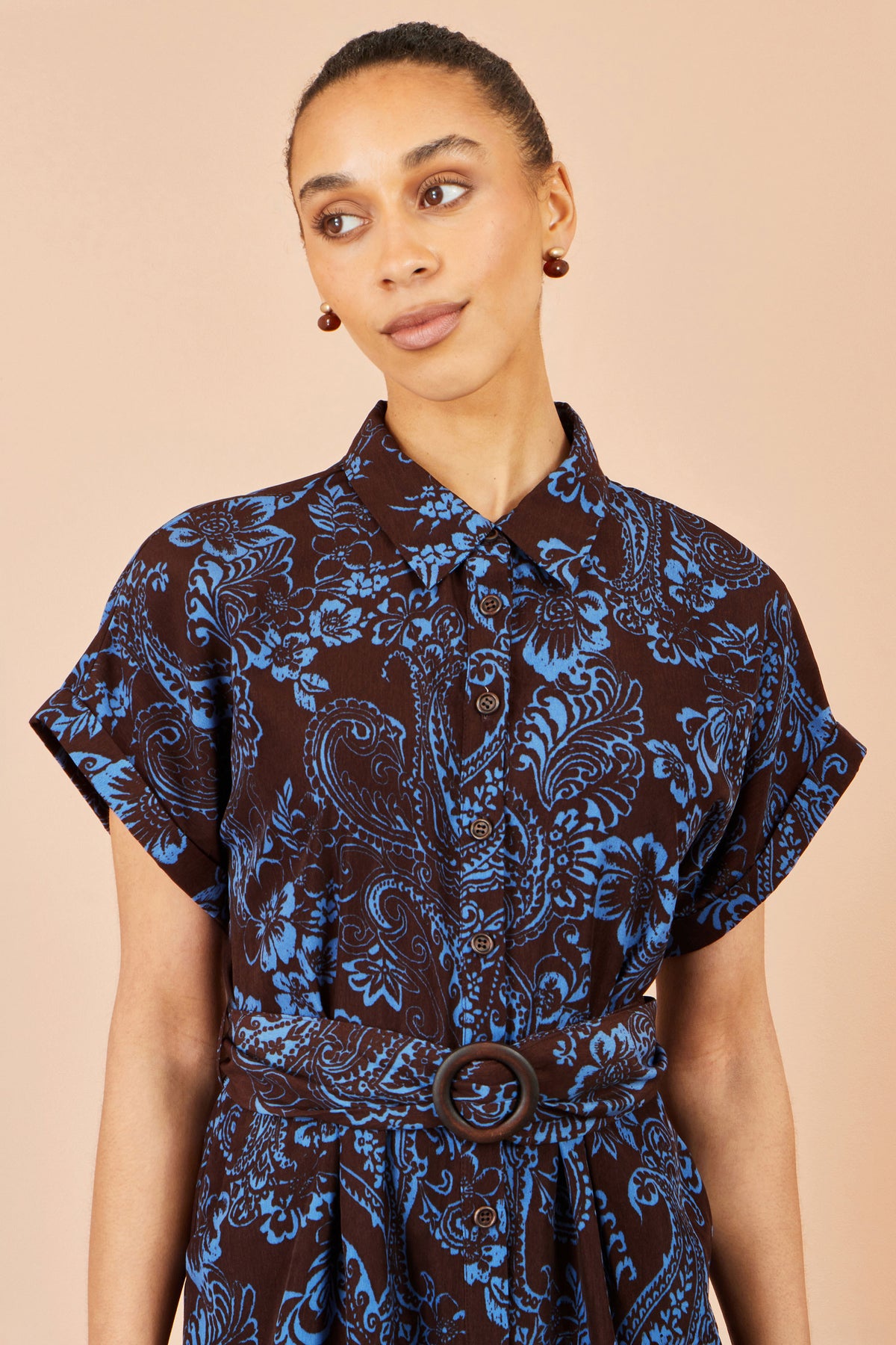 Yumi Brown Paisley Midi Shirt Dress Dress Casual Yumi
