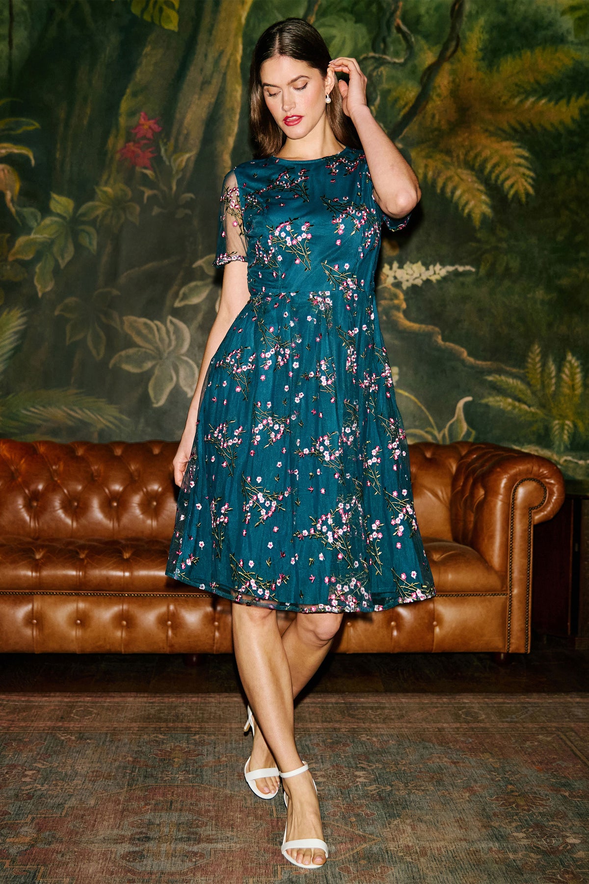 Yumi Teal Embroidered Floral Mesh Prom Dress Dress Occasion Yumi