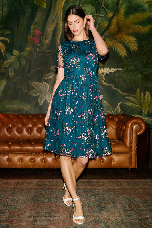Yumi Teal Embroidered Floral Mesh Prom Dress Dress Occasion Yumi