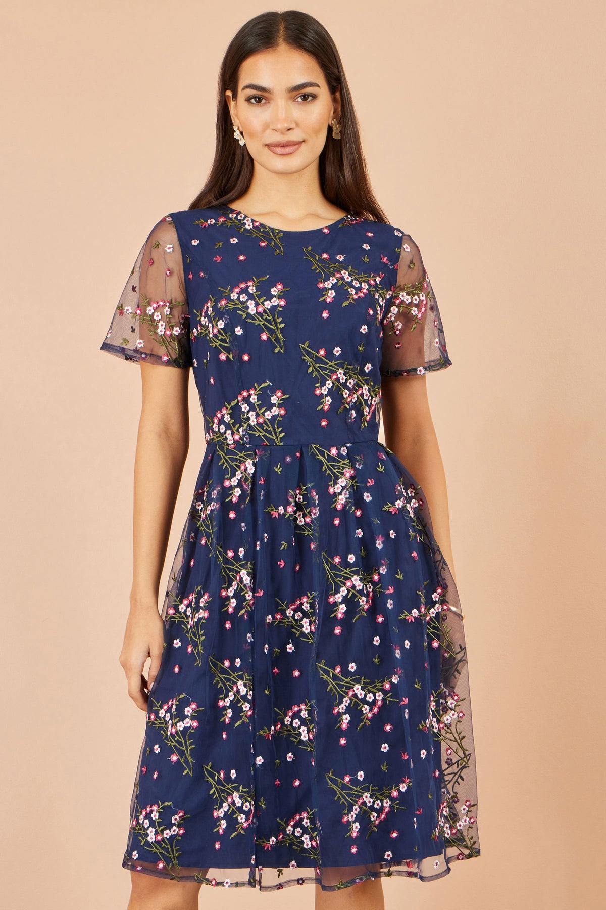 Yumi Navy Embroidered Floral Mesh Prom Dress Dress Occasion Yumi