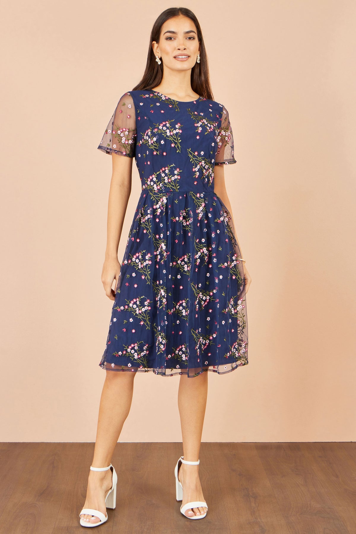Yumi Navy Embroidered Floral Mesh Prom Dress Dress Occasion Yumi