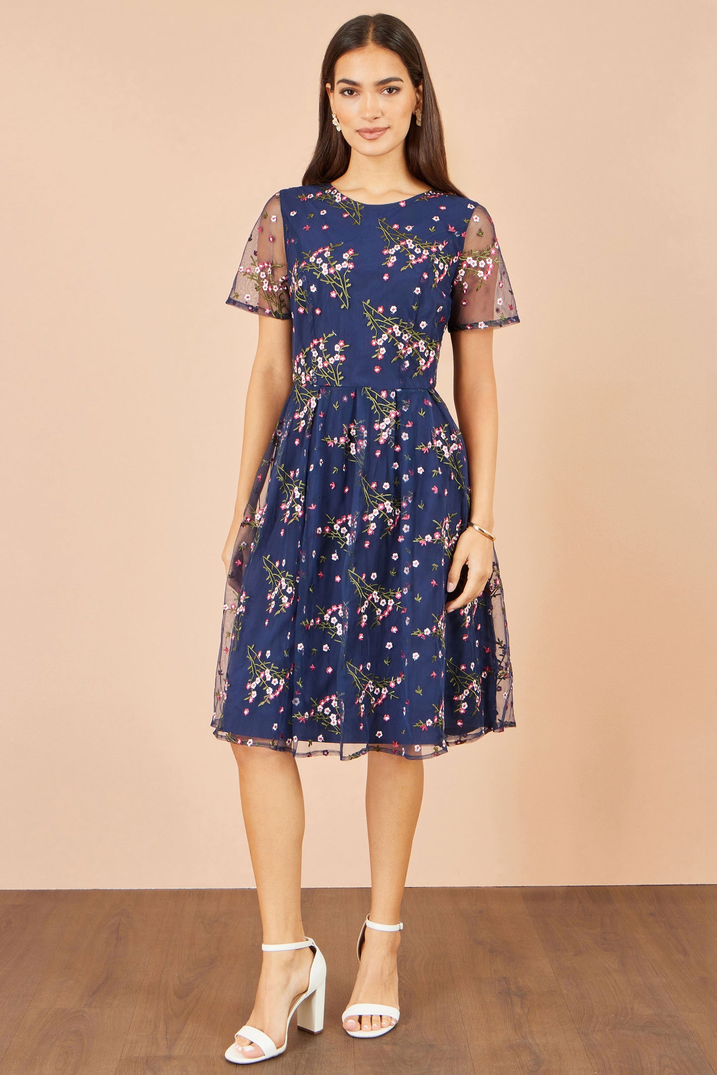 Yumi Navy Embroidered Floral Mesh Prom Dress Dress Occasion Yumi