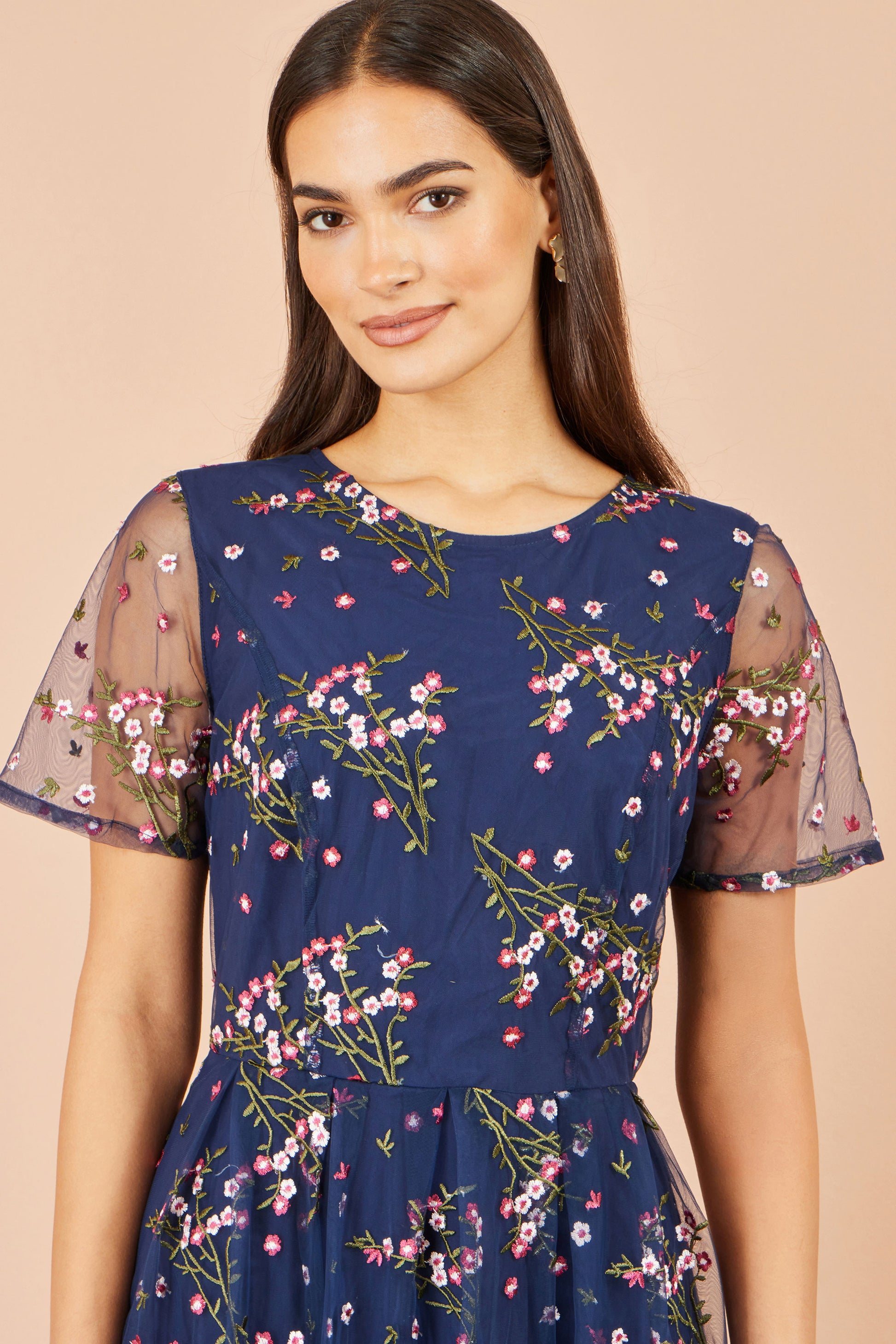 Yumi Navy Embroidered Floral Mesh Prom Dress Dress Occasion Yumi