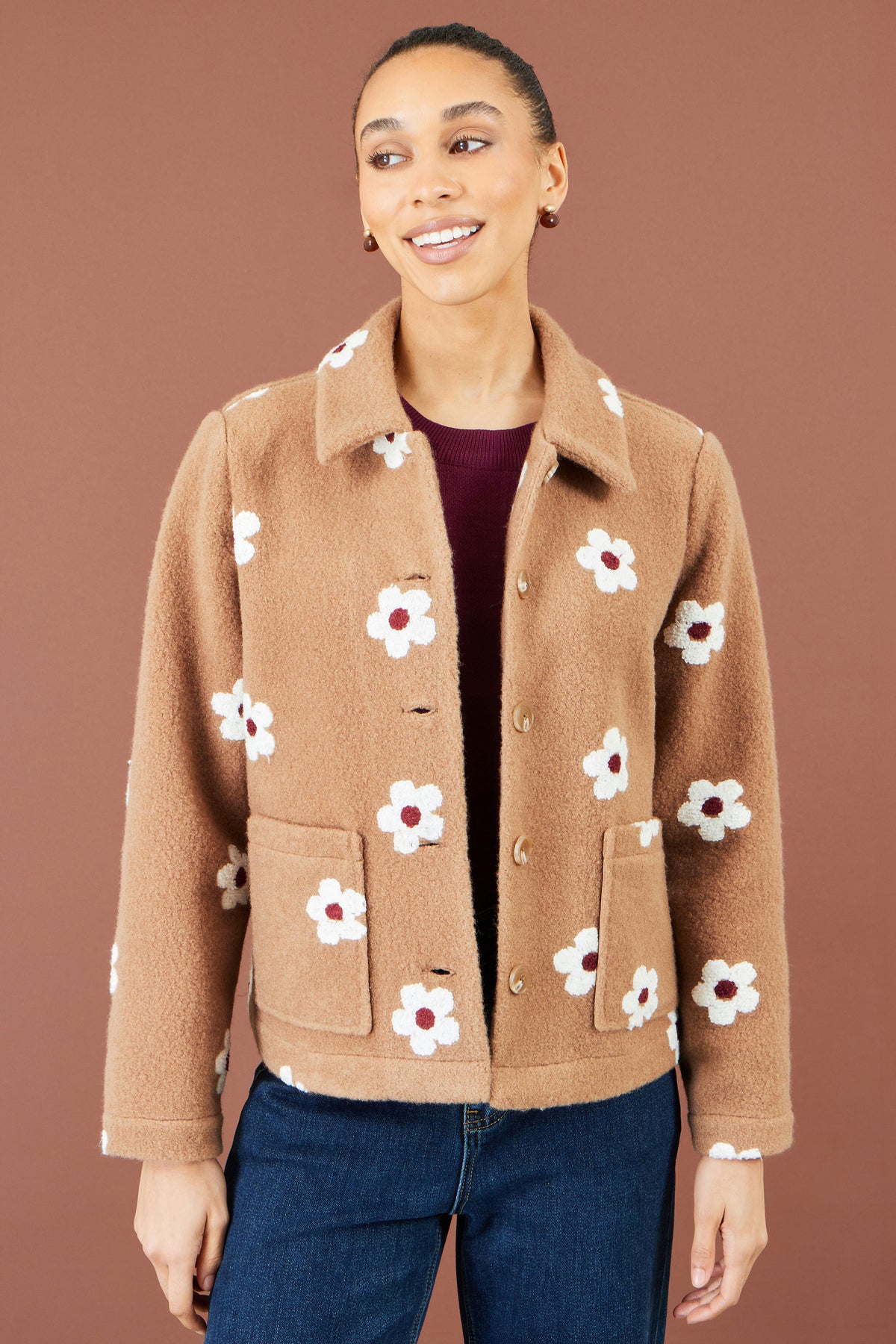 Yumi Brown Embroidered Daisy Fleece Jacket Outerwear Yumi