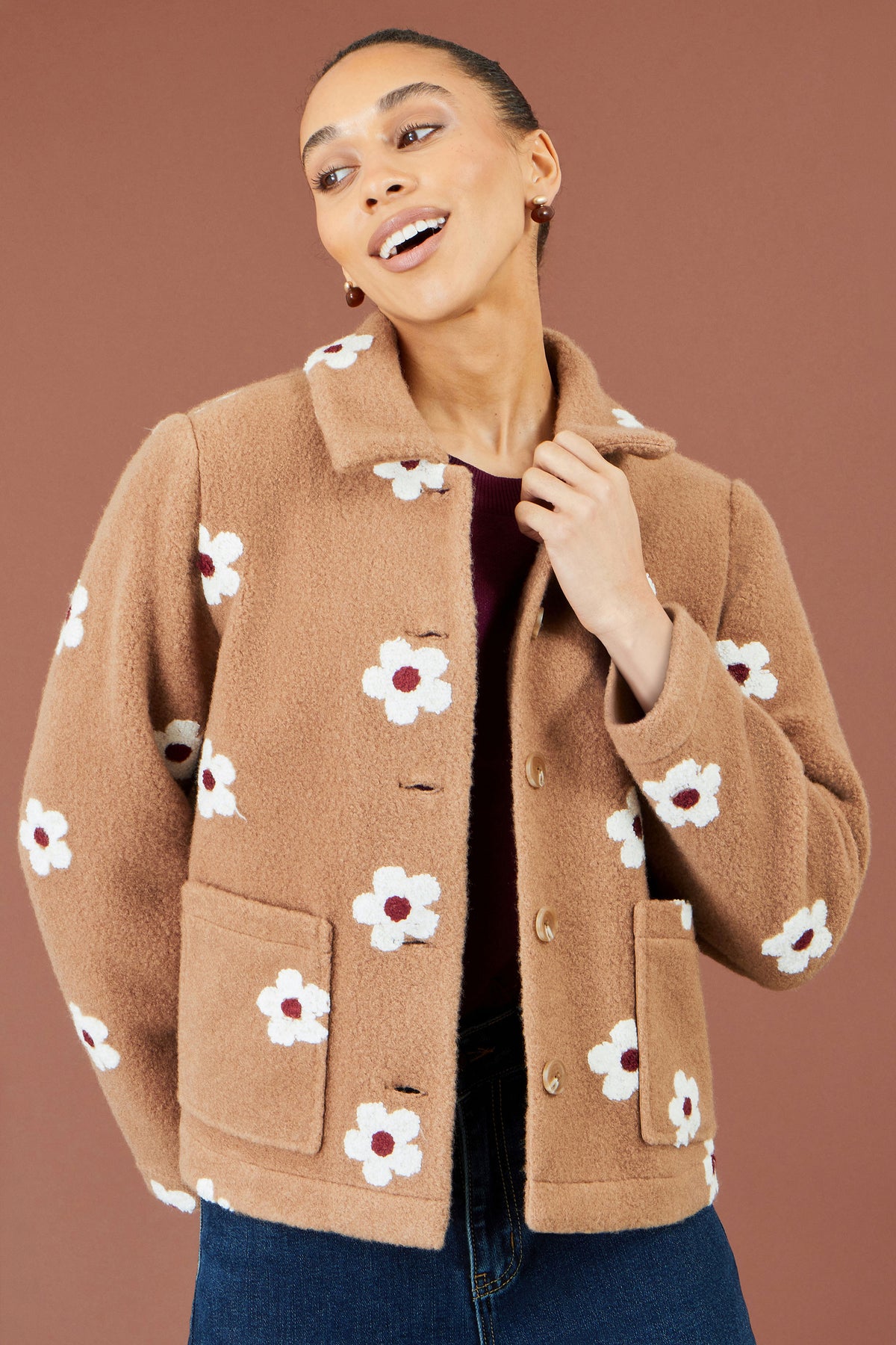 Yumi Brown Embroidered Daisy Fleece Jacket Outerwear Yumi