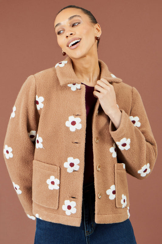 Yumi Brown Embroidered Daisy Fleece Jacket Outerwear Yumi