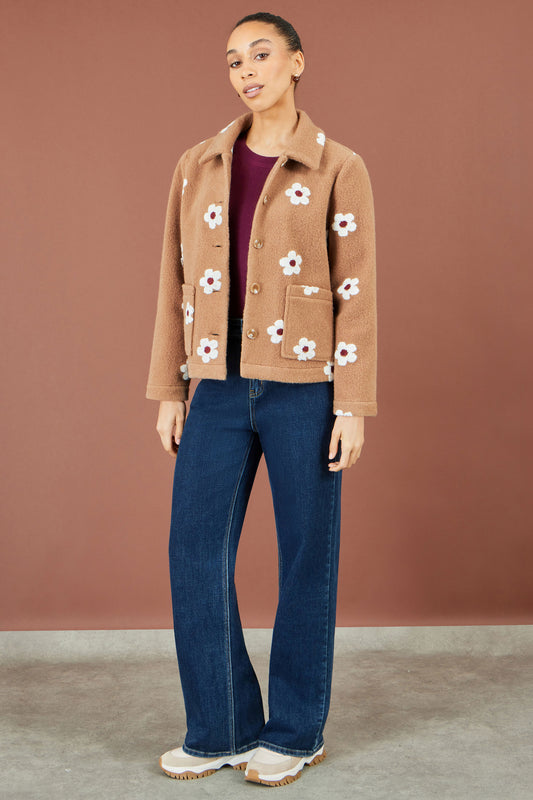 Yumi Brown Embroidered Daisy Fleece Jacket Outerwear Yumi