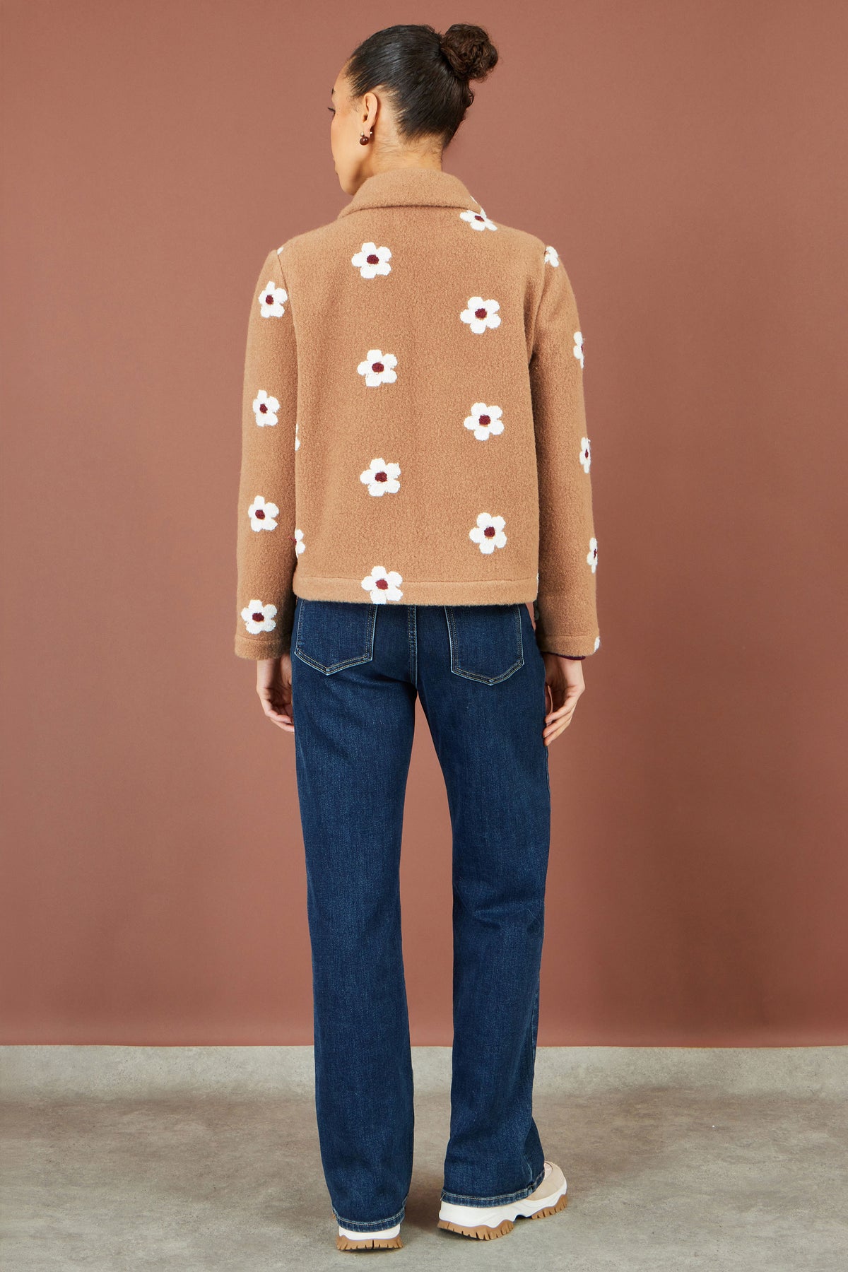 Yumi Brown Embroidered Daisy Fleece Jacket Outerwear Yumi