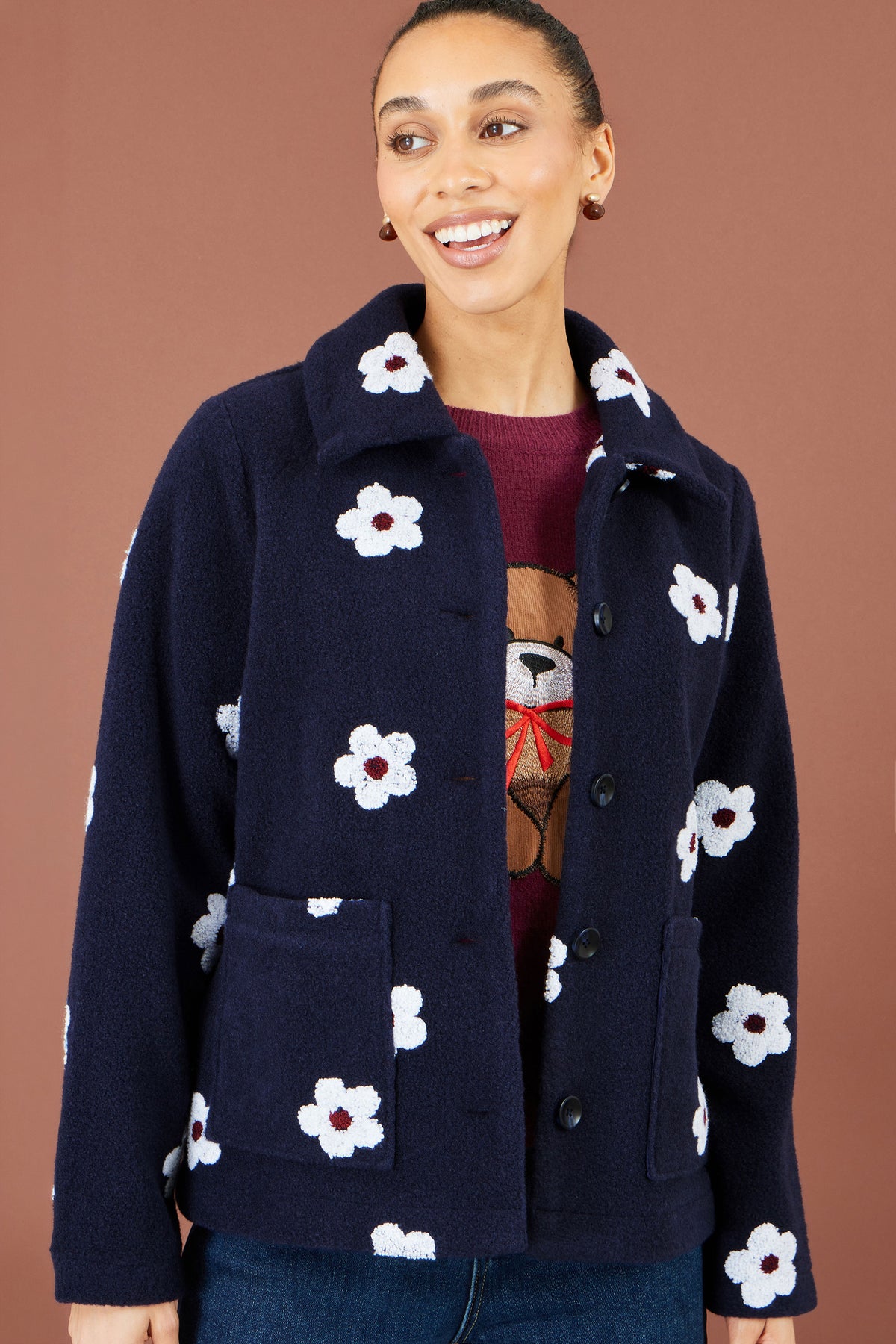 Yumi Navy Embroidered Daisy Fleece Jacket Outerwear Yumi